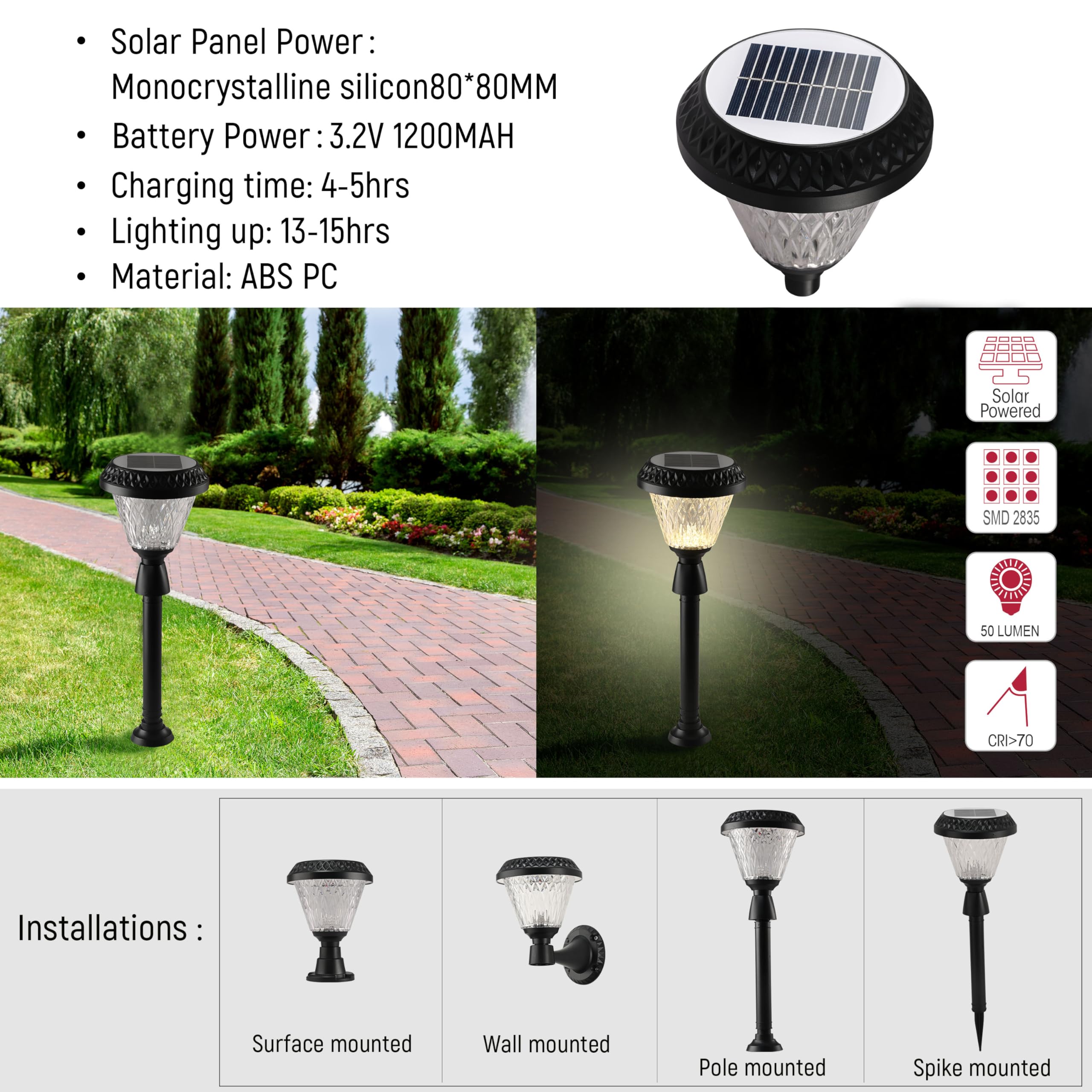 TEKLED Garden Solar Wall Light Pier Mount Light Bollard Light 3 in 1, Black, Crystal - Image 4