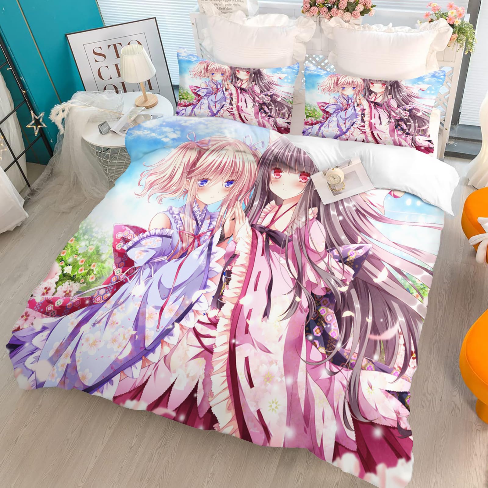 Parure de lit Anime 135x200 cm pour fille avec housse de couette en microfibre et taie d'oreiller