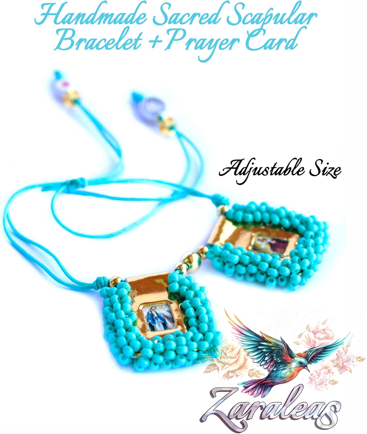 Catholic Scapular Bracelet Handmade Embroidered Aquamarine Stone Wristband of Sacred Heart of Jesus, Holy Virgin of Carmen, St. Michael Archangel. 3cm x 3cm by Zaraleas - Image 3