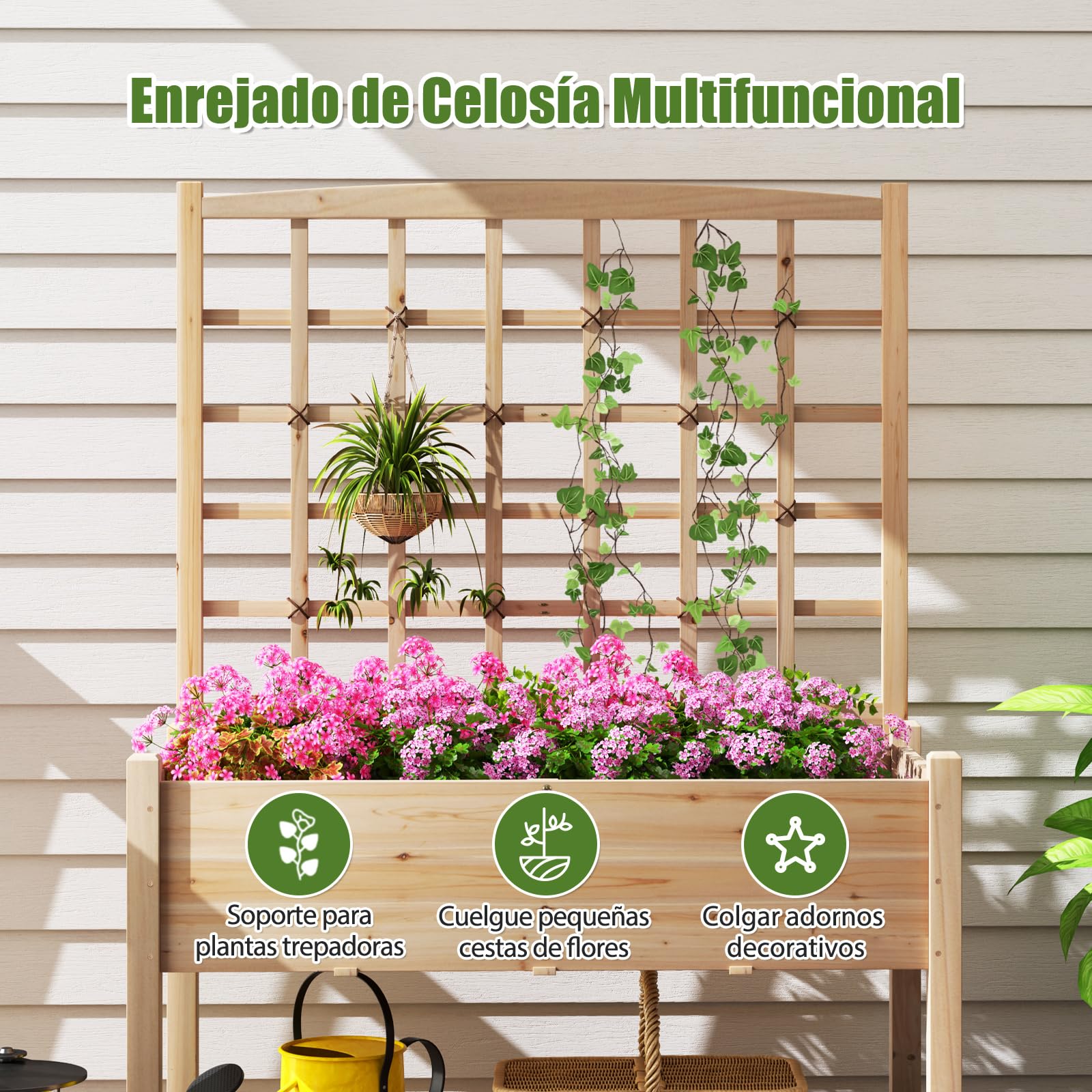 COSTWAY Huerto Urbano Elevado de Madera con Enrejado, Agujeros de Drenaje, Caja de Plantas Elevada de Madera con Piernas para Enredaderas, Flores, Hierbas, Verduras, Maceta para Patio y Balcón