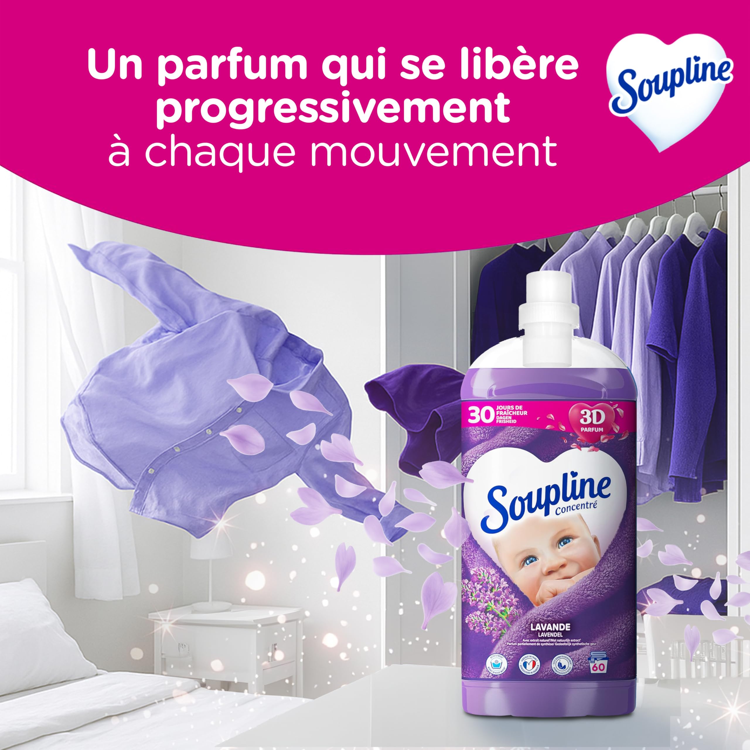 Suavizante de lino concentrado 3D con aroma a lavanda con extracto natural*, suavizante de ropa fórmula mejorada para más suavidad**, suavizante textil líquido, paquete de 3 x 1,35 L