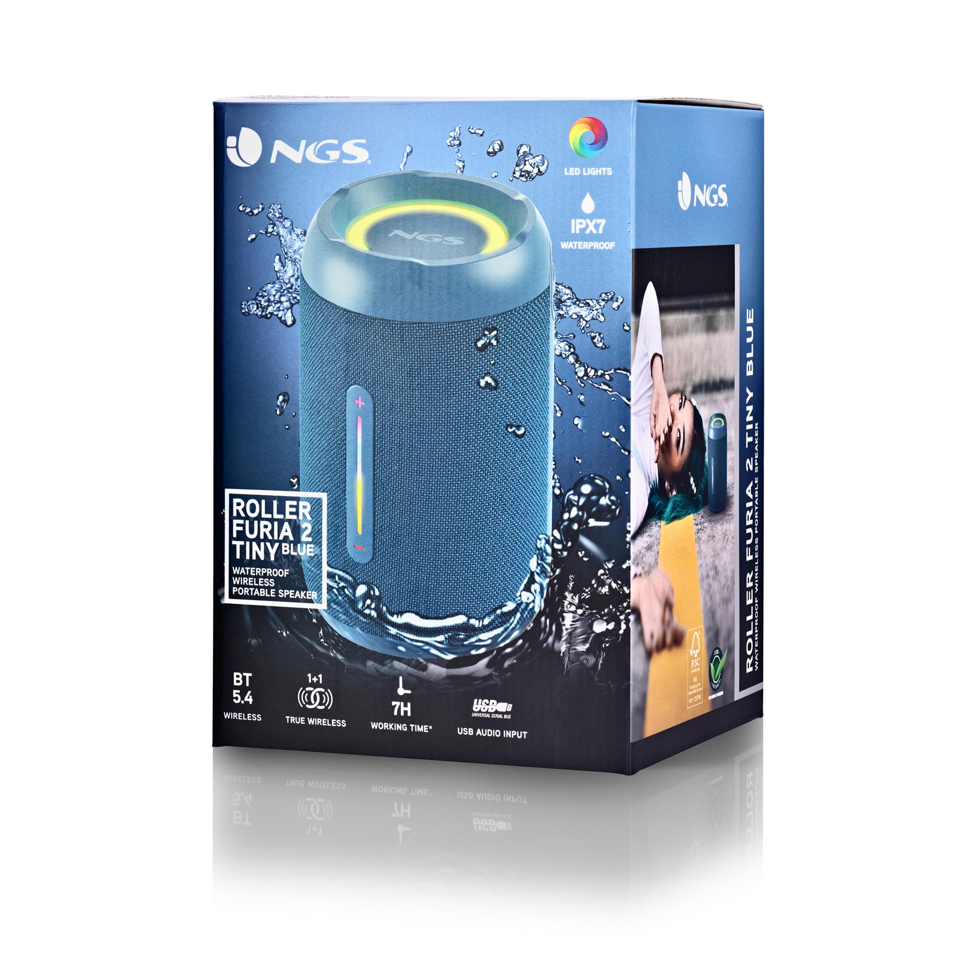 NGS Roller Fury 2 Tiny Blue – Altoparlante Bluetooth portatile, sommergibile IPX7, 20 W, True Wireless TWS, USB, batteria 7 ore, blu
