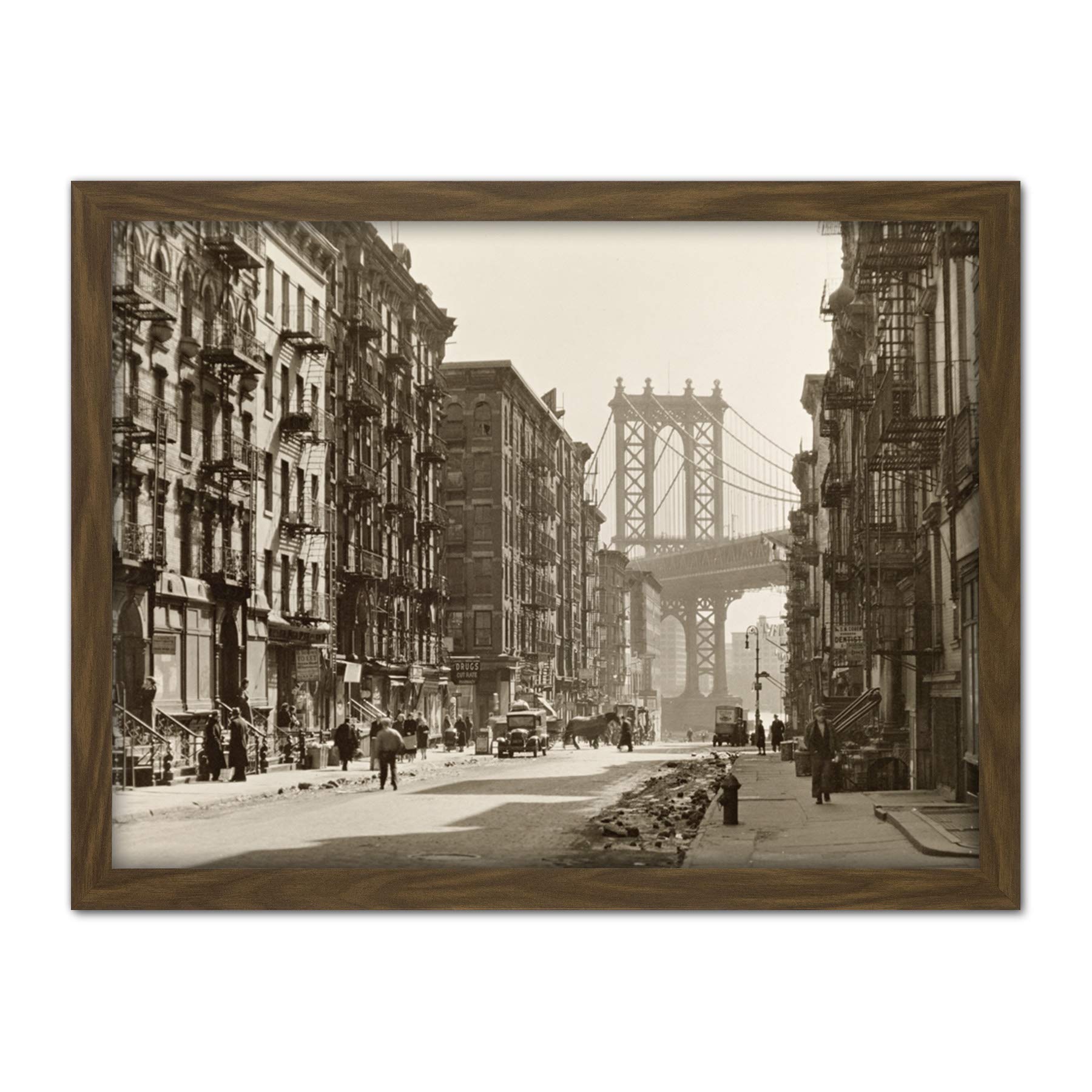 New York Pike Street Manhattan Bridge Photo Artwork Framed Wall Art Print 18X24 Inch