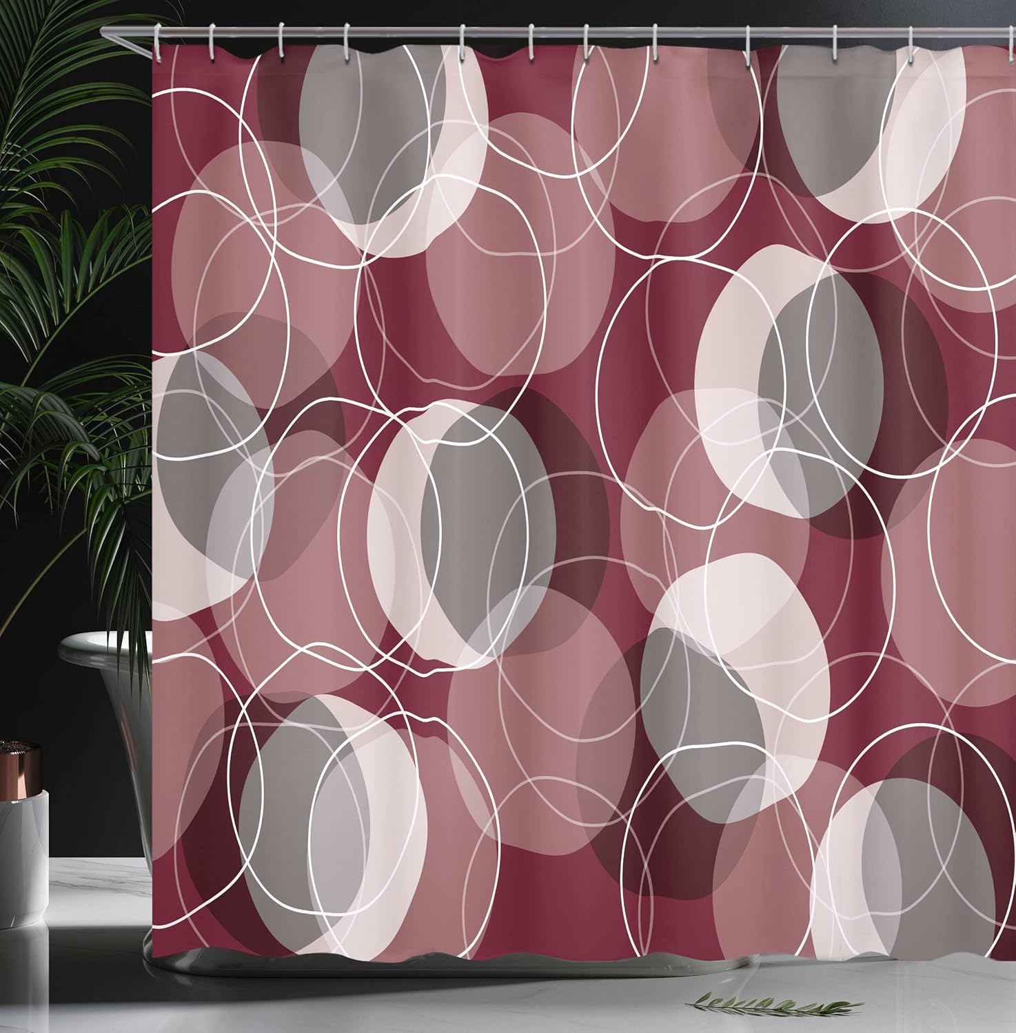 Ambesonne Maroon Shower Curtain, Retro Skinny Ring Shapes Overlapping Circles Funky Groovy Optical, Cloth Fabric Bathroom Decor Set with Hooks, 69" W x 75" L, Maroon Peach 69" W x 75" L Maroon Peach