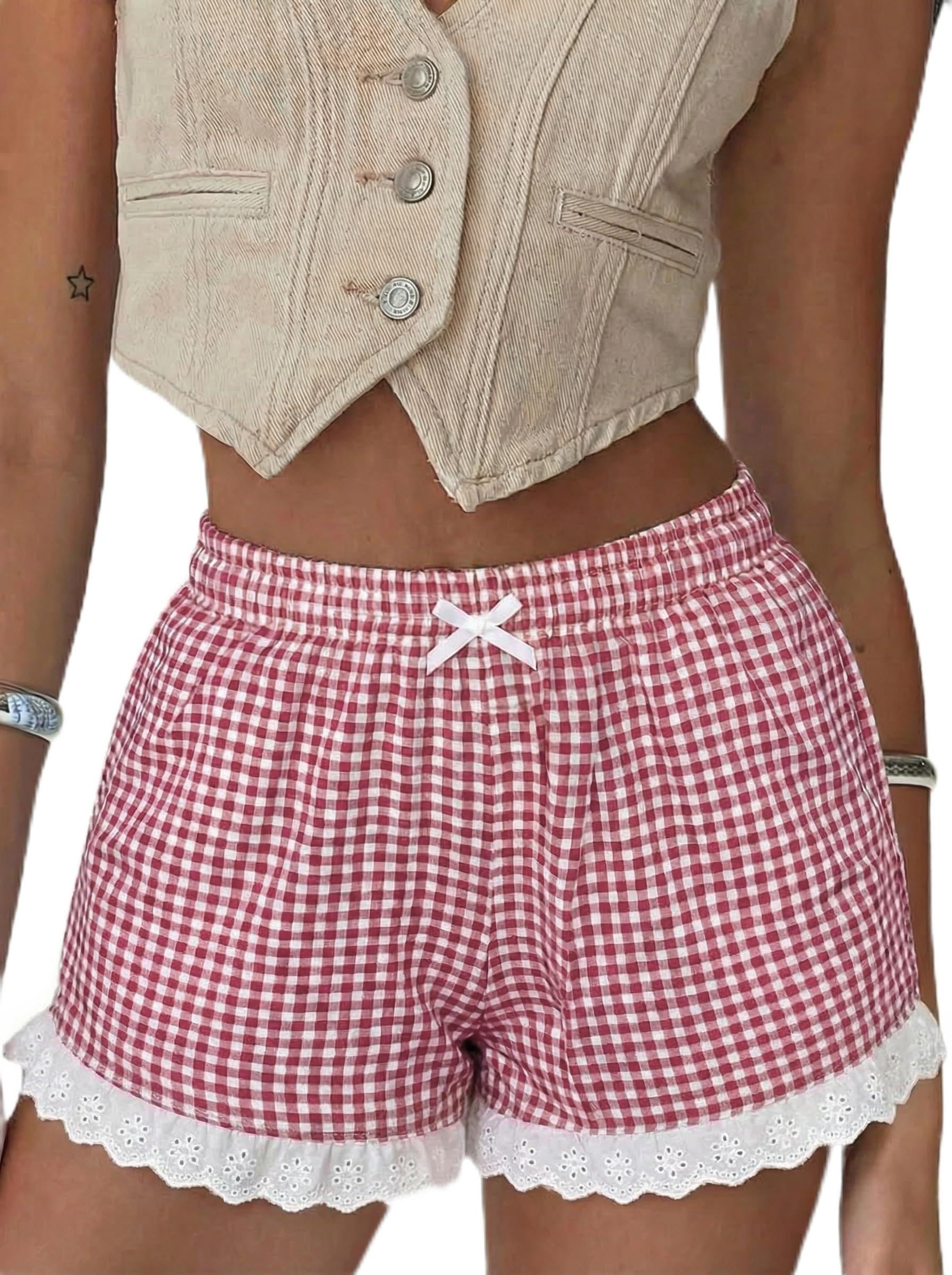 Boxer Shorts Gingham Shorts Y2K Beach Bottoms | Plaid Shorts Y2K Pajama Bottoms Two Pockets