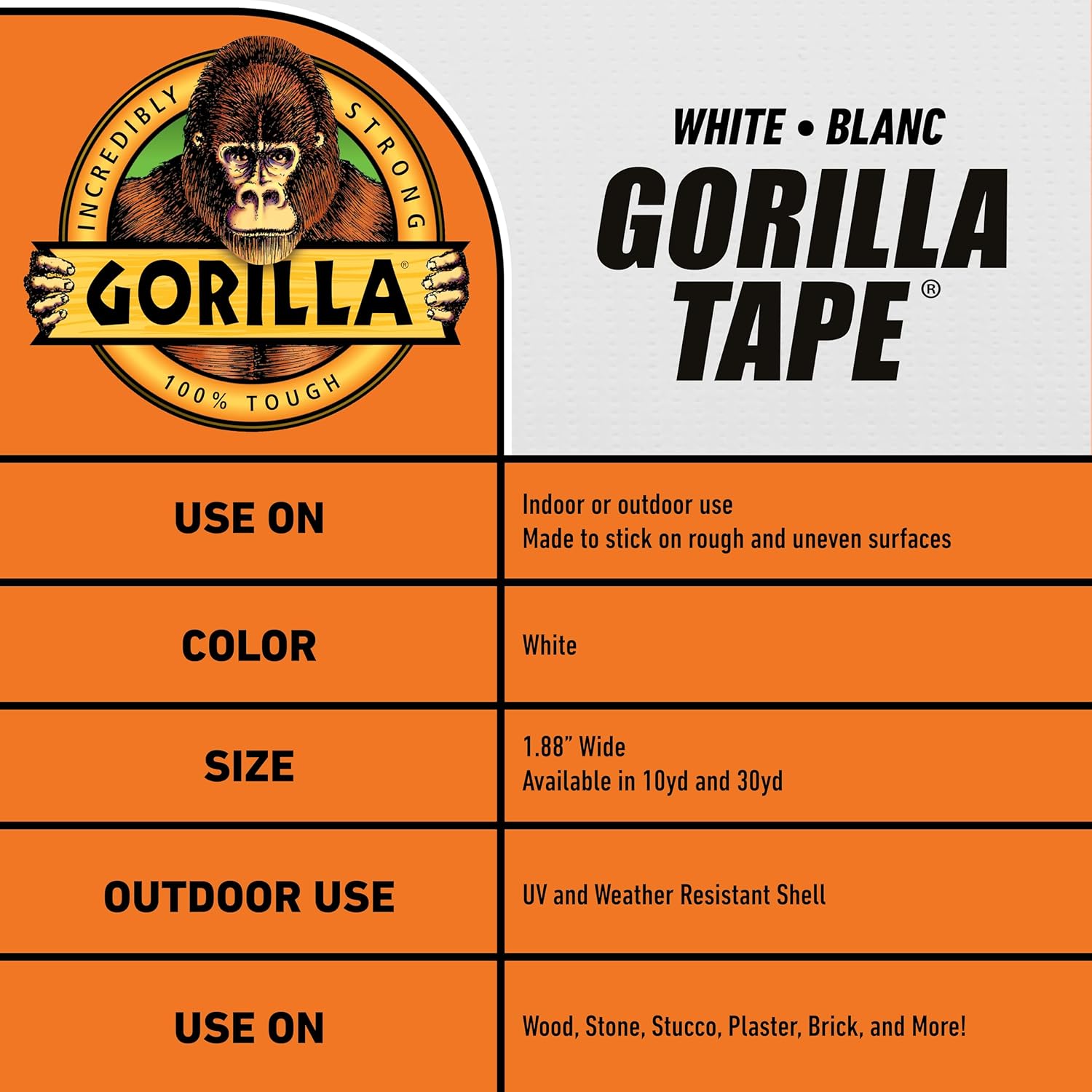 Gorilla Tape, Duct Tape, Utility Tape, Triple Layer Strength, Indoor & Outdoor, Weather Resistant Shell, 1.88 in x 10 yd, White, (Pack of 1) - Image 5