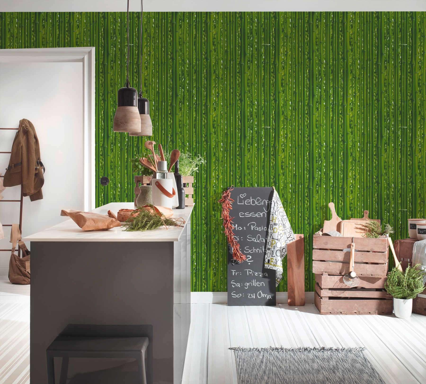 GAULAN 453906 - Papel pintado vinílico lavable de diseño de cañas de bambú verde tropical con textura en relieve para pared salón cocina baño dormitorio - Rollo de 10 m x 0,53 m