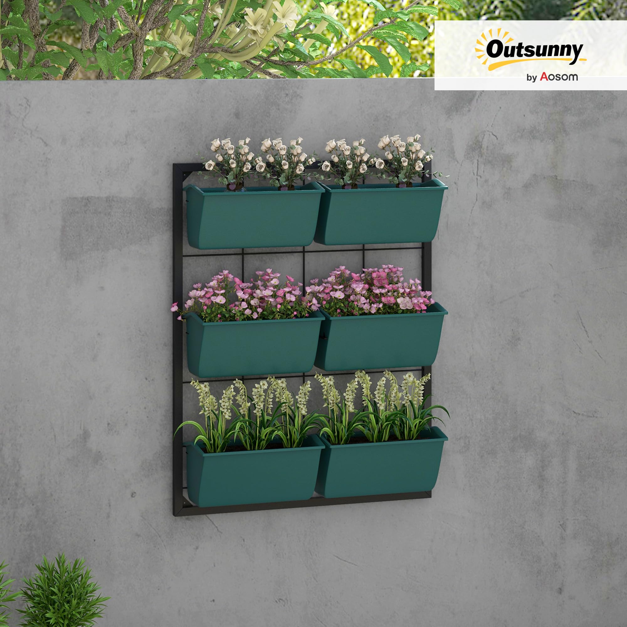 Outsunny Fioriera da Esterno Verticale 3 Livelli 52x14x66 cm Verde | 6 Vasi in Plastica con Fori di Drenaggio, Portavasi da Appendere per Fiori ed Erbe Aromatiche, Orto Verticale