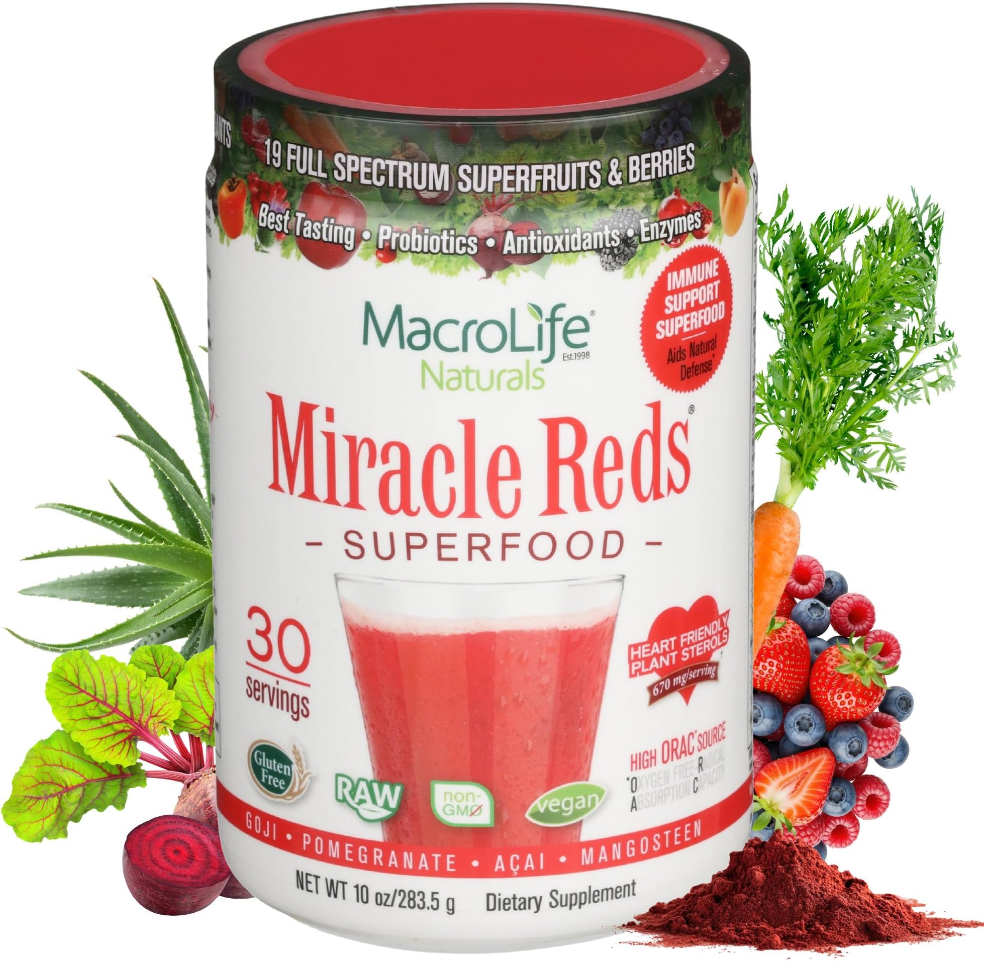 Miracle Reds Superfood Powder 19 Blended Fruit & Berry Polyphenols Enzymes Probiotics & Antioxidants Supplement - Raw Non-GMO & Vegan Whole Food Vitamins - 30 Servings