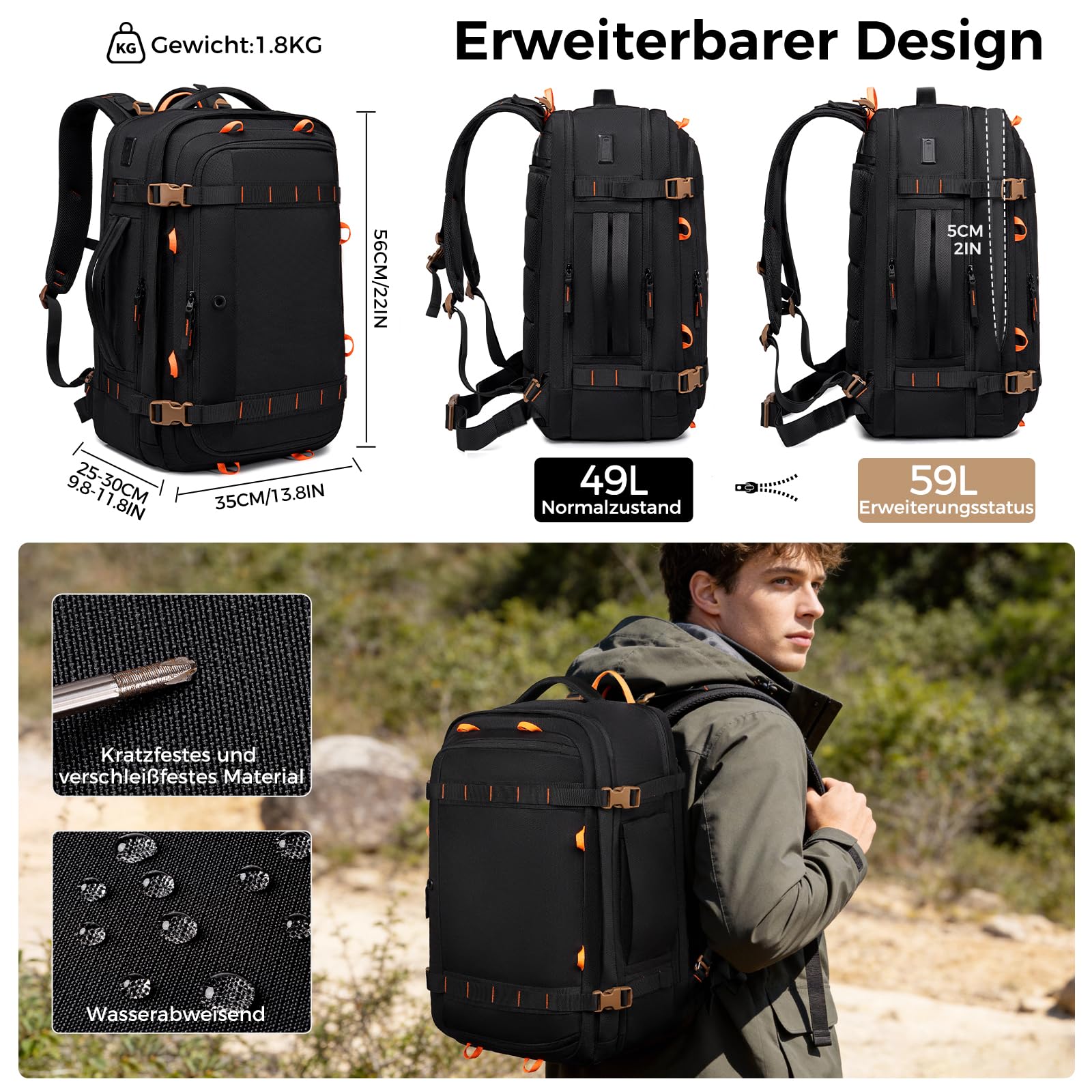 Fenree.geer Reiserucksack, Handgepäck Rucksack, Laptop Rucksack für 18.4 Zoll, Erweiterbar 49 L auf 59 L, Travel Backpack Damen & Herren für Flugreisen, Business, Weekender-Schwarz