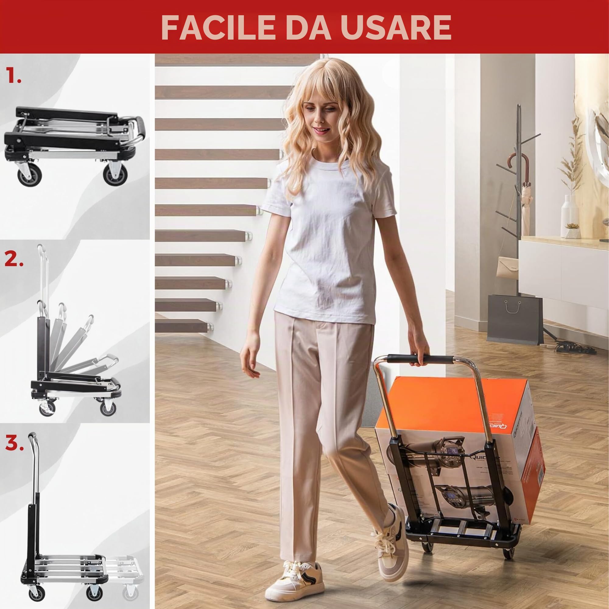 Carrello Manuale in Alluminio, Carrello a Mano Pieghevole Allungabile con 4 Ruote Antiscivolo, Carrello a Pianale con Portata 150 kg, Carrello di Trasporto in Magazzini, Giardino, Casa, Traslochi