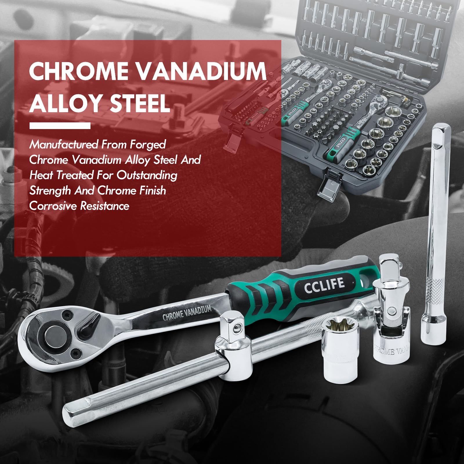 CCLIFE 187 tlg Steckschlüsselsatz Cr-V Ratschenkoffer Werkzeugkoffer 72 Zähne 1/2" 1/4" 3/8" Sechskant Steckschlüsseleinsatz Torx, Schlitz, Phillips, Pozidrive Bit Steckschlüsseleinsätze (187 tlg)