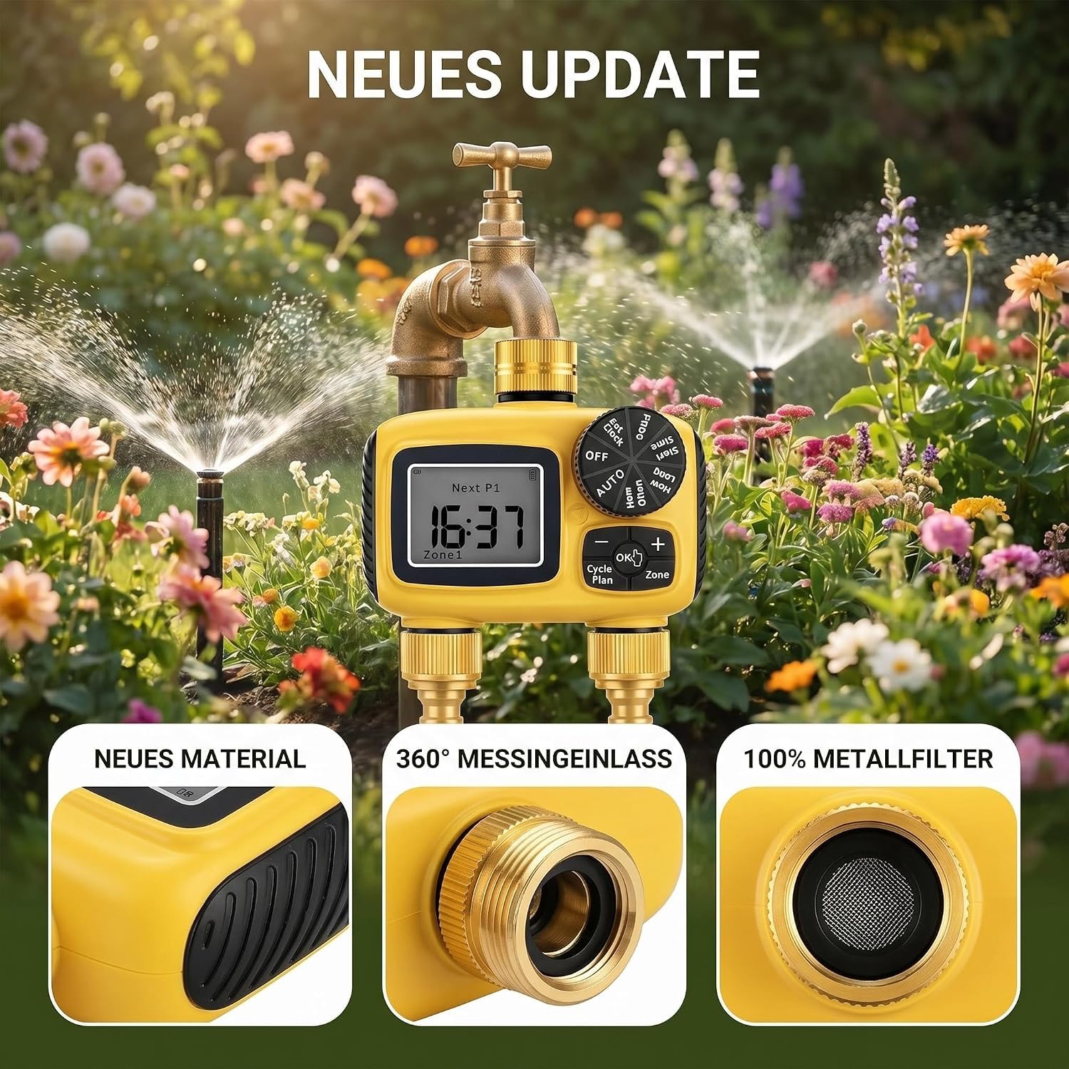 MQUPIN Ordenador de riego, 2 salidas, conexiones de latón | Temporizador de agua LCD con retardo de lluvia, protección para niños, IP55, doble zona, para jardín, césped, huertos