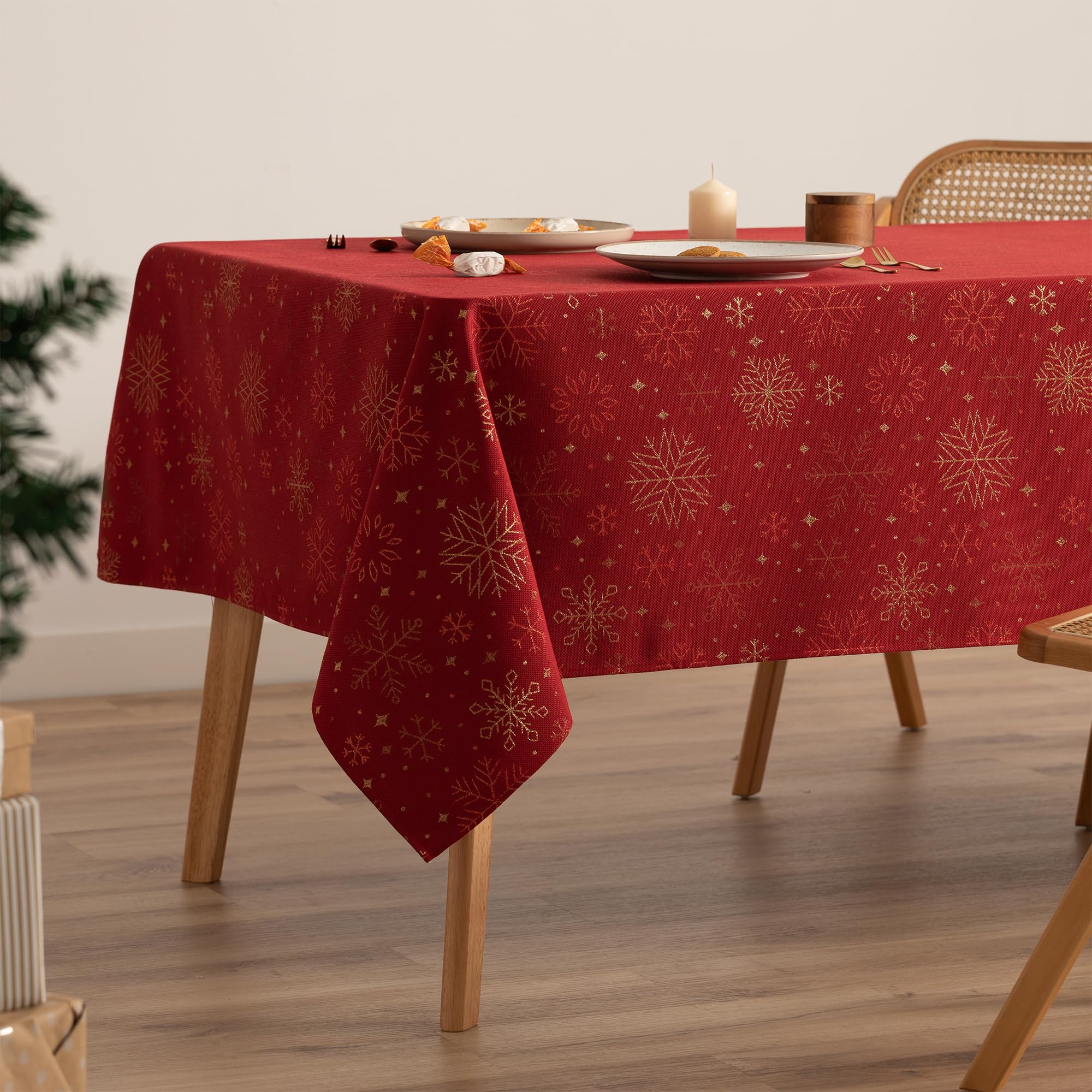 GAMUSI Mantel Navidad Jacquard Hilo Dorado Mesa Comedor Rectangular Decoración Navideña 140x100 cm Color Rojo