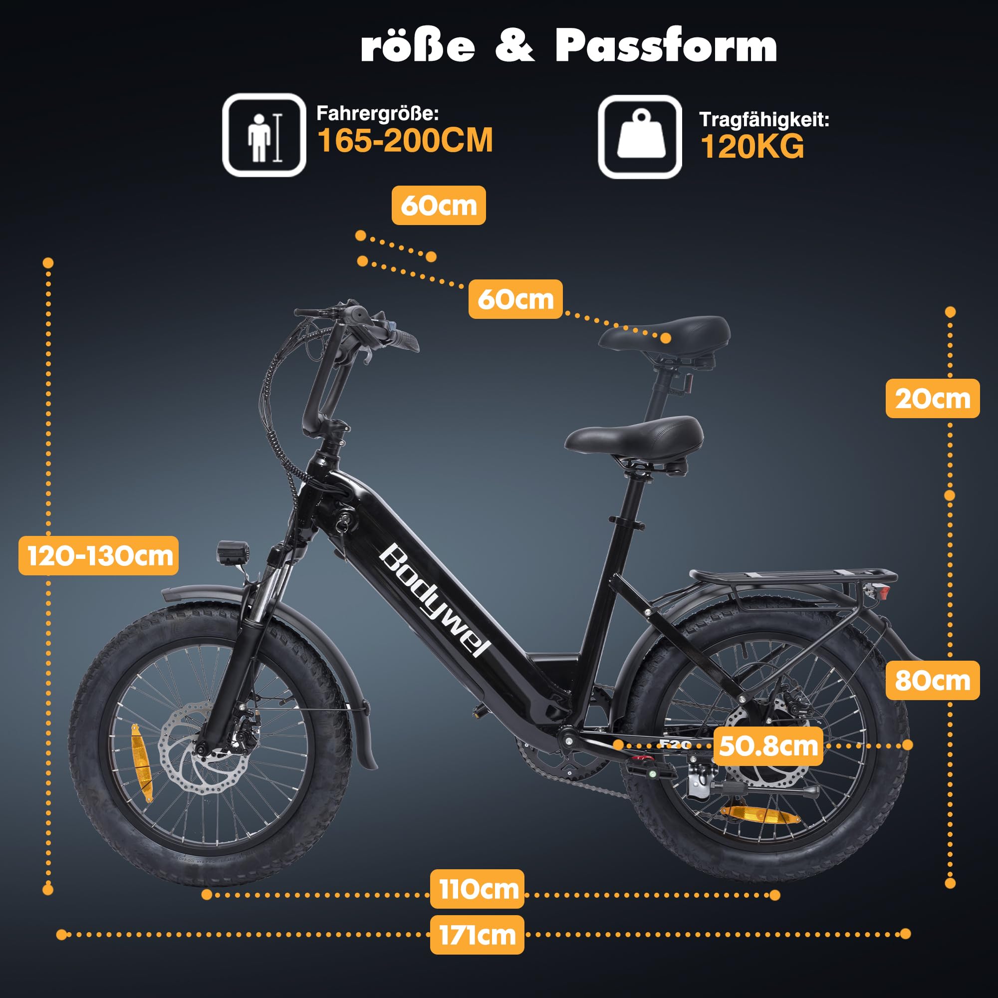 Bodywel F20 E Bike Herren Damen, 20x3.0“ E Fatbike Tiefeinsteiger Elektrofahrrad City Mountain,70-80km Reichweite, 48V 15Ah Akuu, 250W Heckmotor, 4,5“ LED Display, 7-Gang-Getriebe, Federgabel