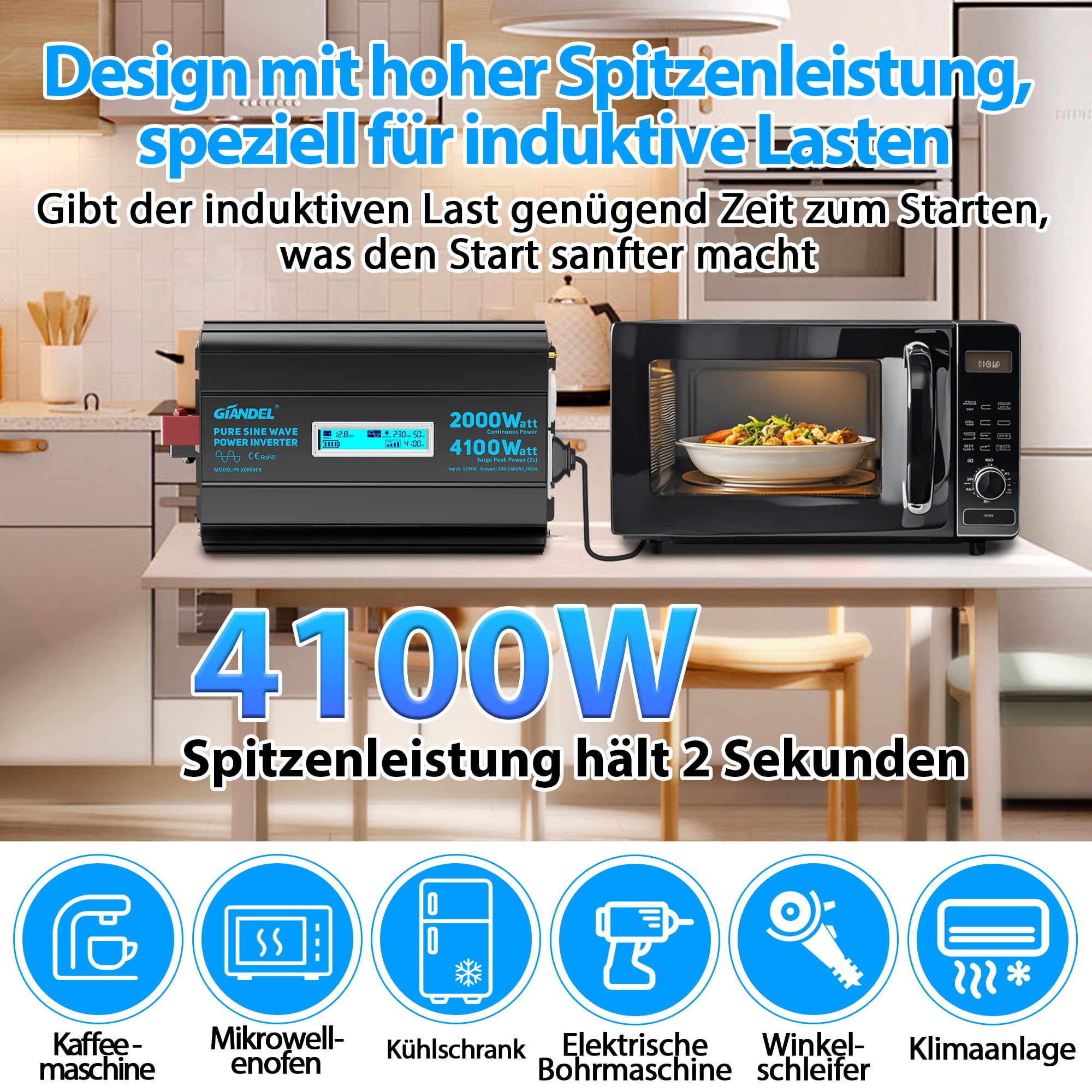 GIANDEL 2000W Wechselrichter 12V auf 230V Reiner Sinus Spannungswandler mit Einstellbar Unterspannungsabschaltung Power Inverter mit Fernbedienung und USB-C PD 36W für Wohnmobil Camping Wohnwagen