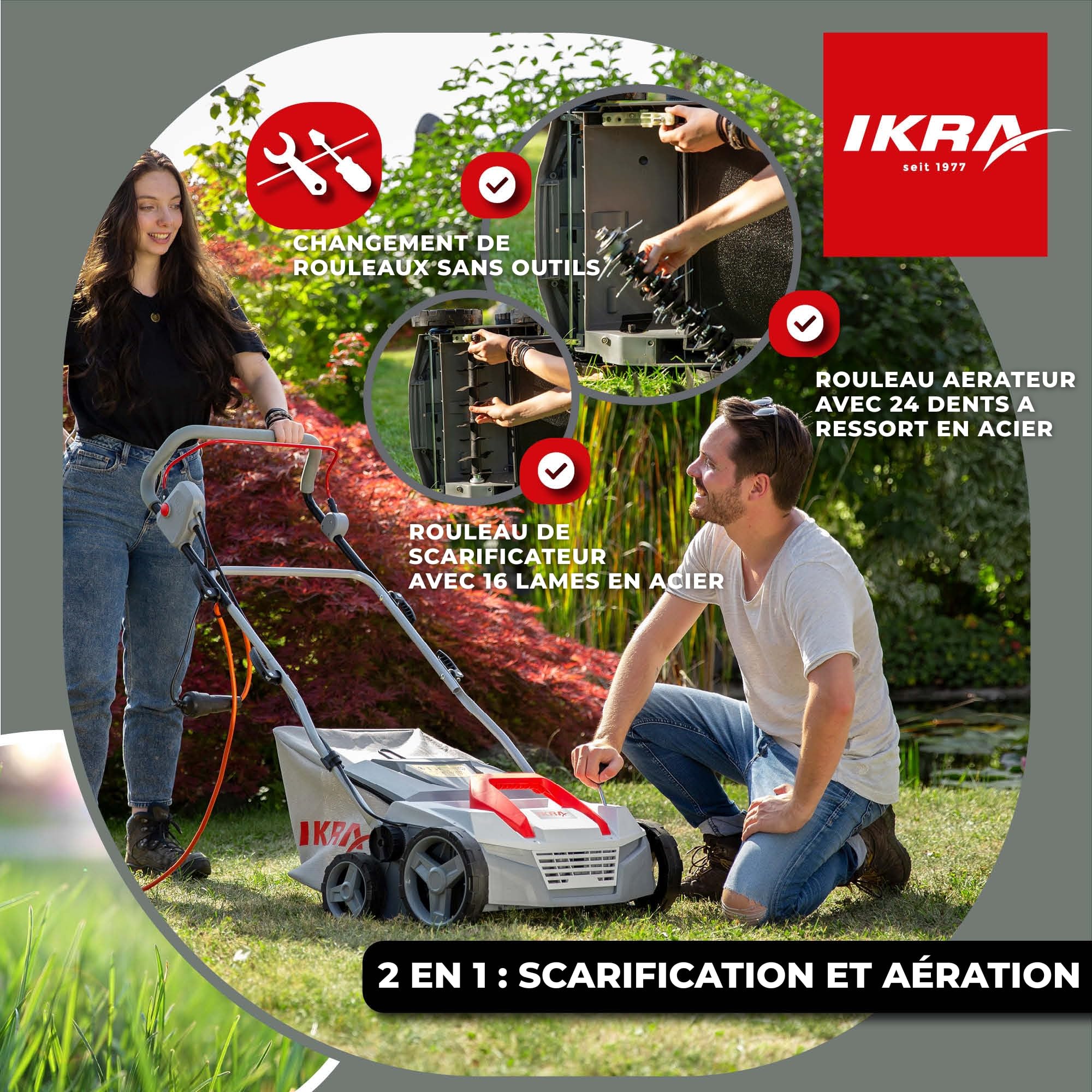 IKRA scarificateur-aérateur électrique IEVL 1838, largeur 38 cm, 1 800 W | Bac de ramassage de 40 l, profondeur de travail de +5 à –12 mm, changement de rouleau sans outil, appareil 2 en 1