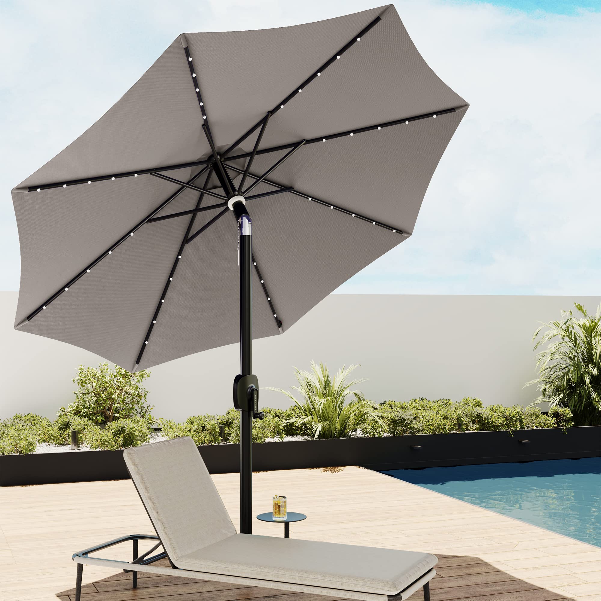 EAST OAK Patio Umbrella, 9 ft Outdoor Table Umbrella with 8 Ribs and 40 LED Solar Lights, Push Button Tilt, Aluminum Pole and UV 30+ Fade Resistant for Garden, Deck and Poolside, Mountain Gray