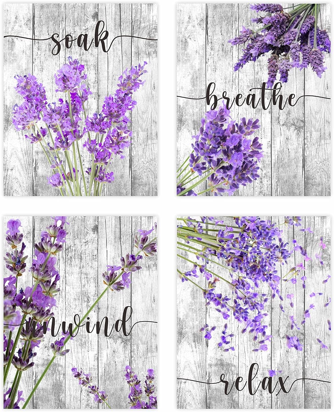 MOSITU Purple Bathroom Wall Art Lavender Art Flower Wall Prints Purple Bathroom Decor Canvas Wall Art Set of 4 Unframed Relax Soak Unwind Breathe Poster for Washroom Decor