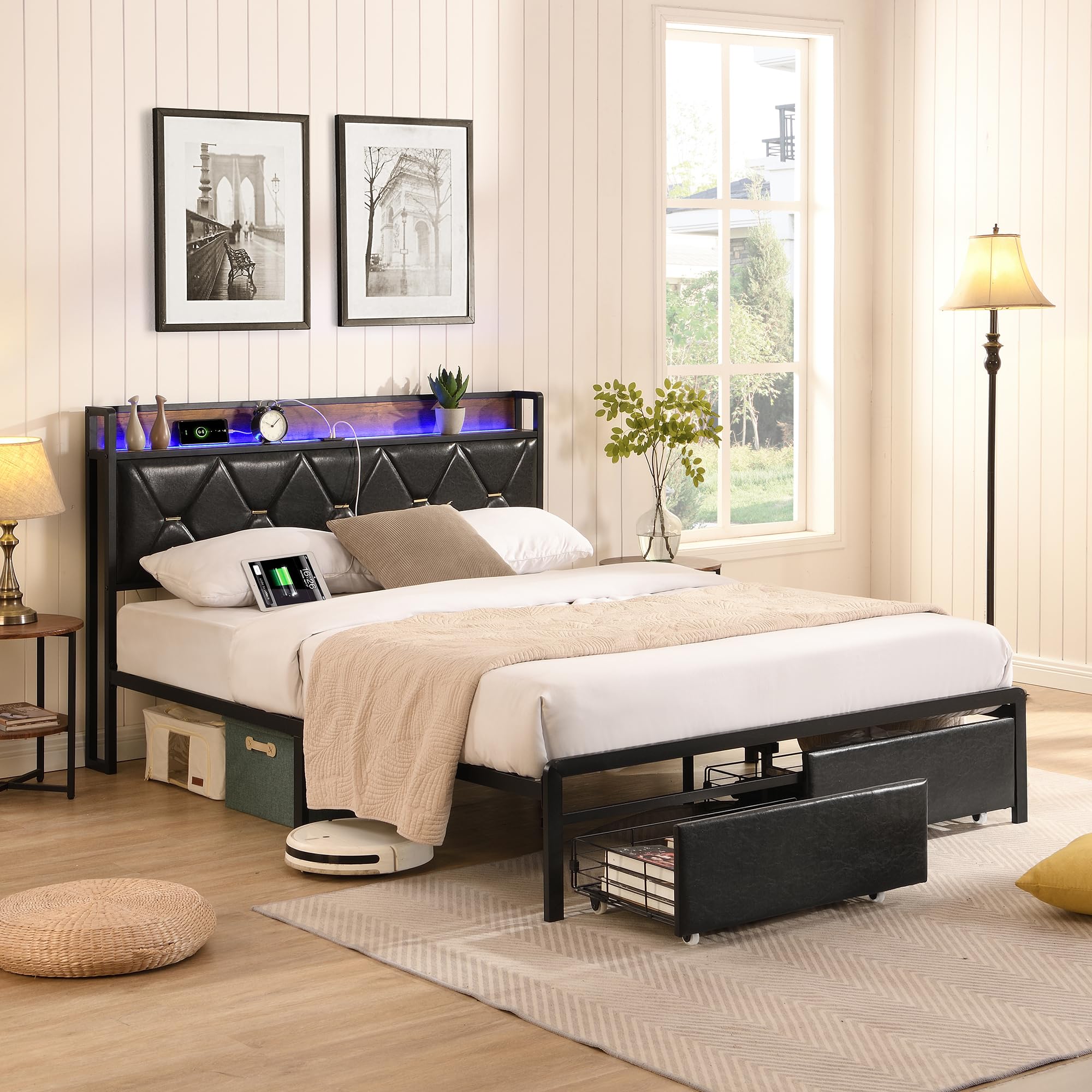 Led Queen Size Bed Frame with Storage Headboard, Upholstered Bed Frame with TypC & TypA Charging Station, Black Queen Size Bed Frames with Storage Drawers, No Box Spring Needed,Easy Assembly