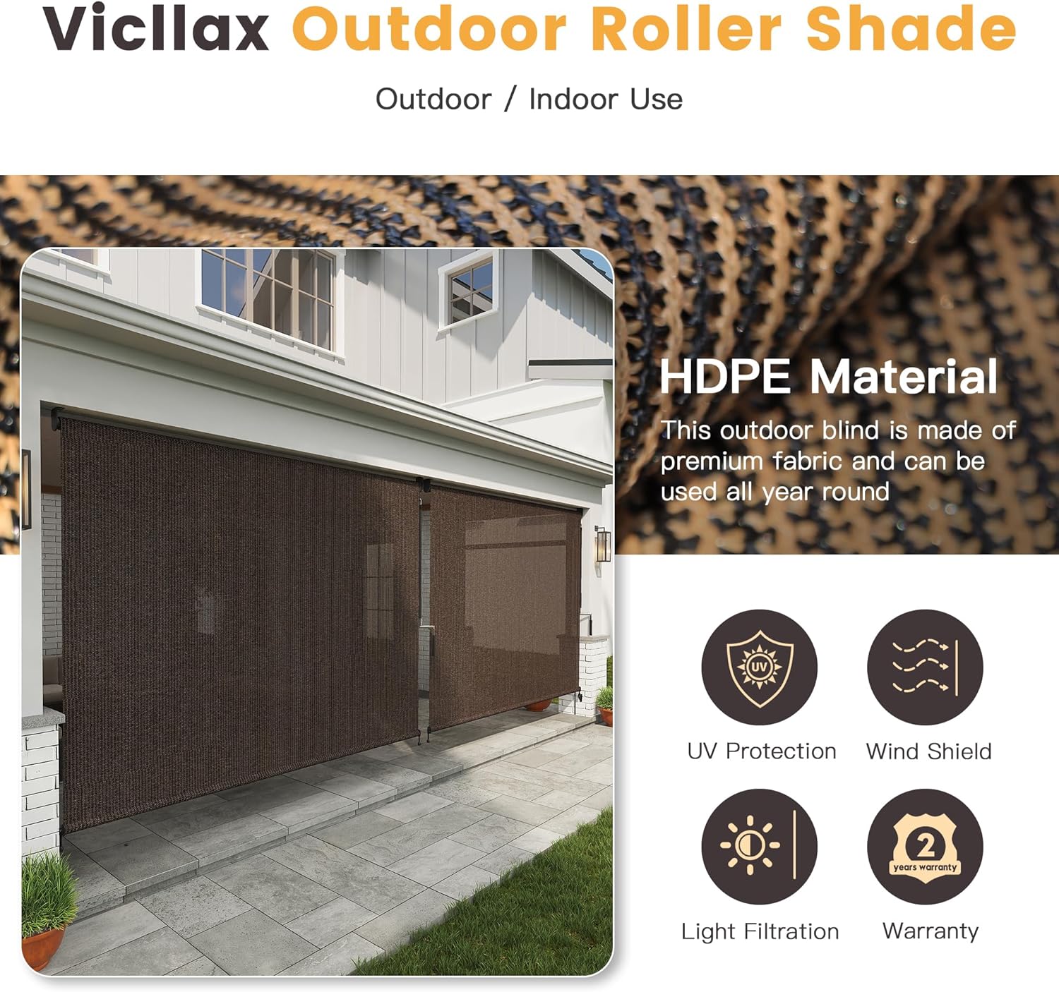 VICLLAX Cordless Outdoor Roller Shade for Patio 9 ftx8 ft, Outdoor Blind Patio Shade Roller Up for Porch Gazebo with Spliced Design, Mocha
