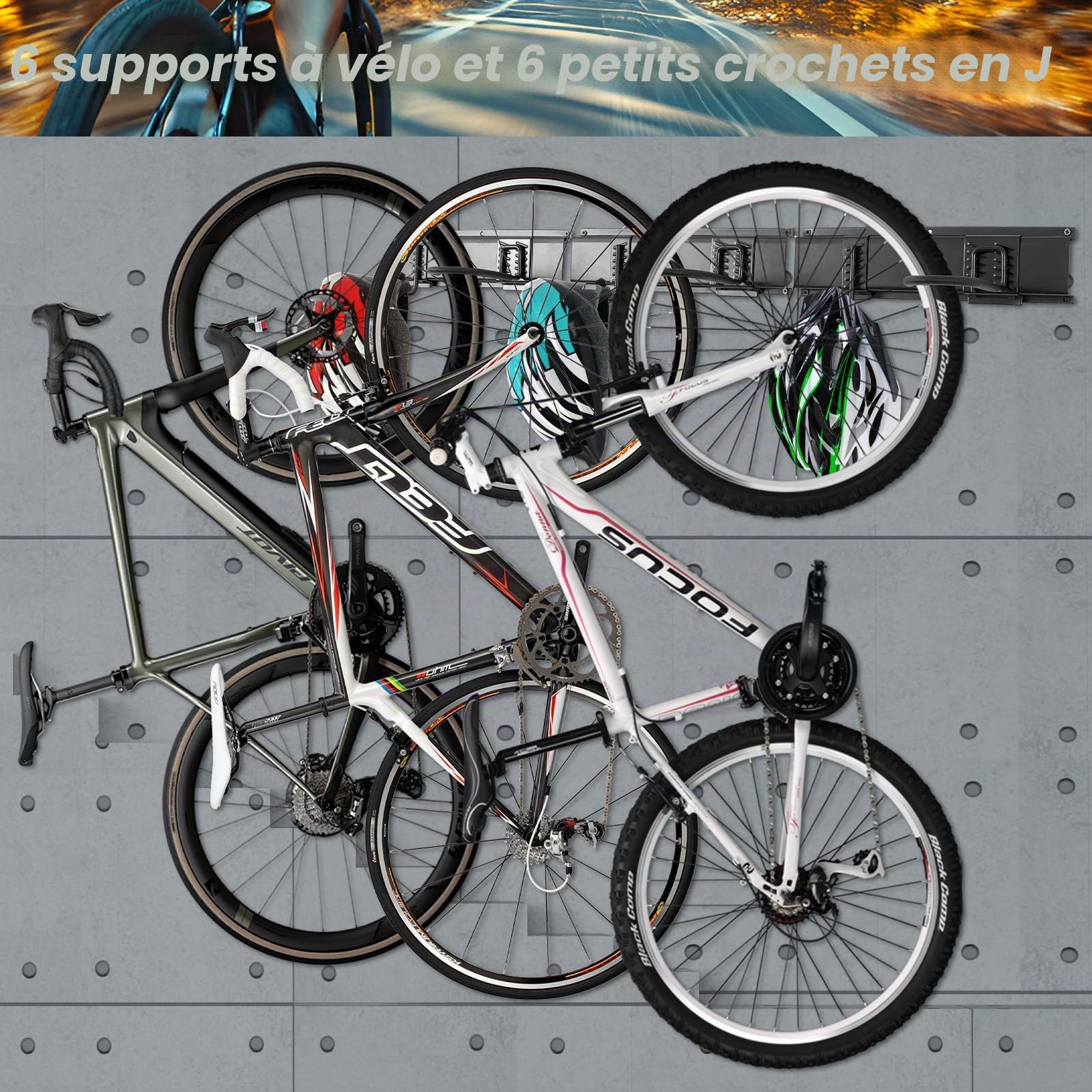 Porte-vélos, support mural pour vélo de garage, 6 porte-vélos et 6 crochets pour casques, capacité maximale 272 kg, 162 cm
