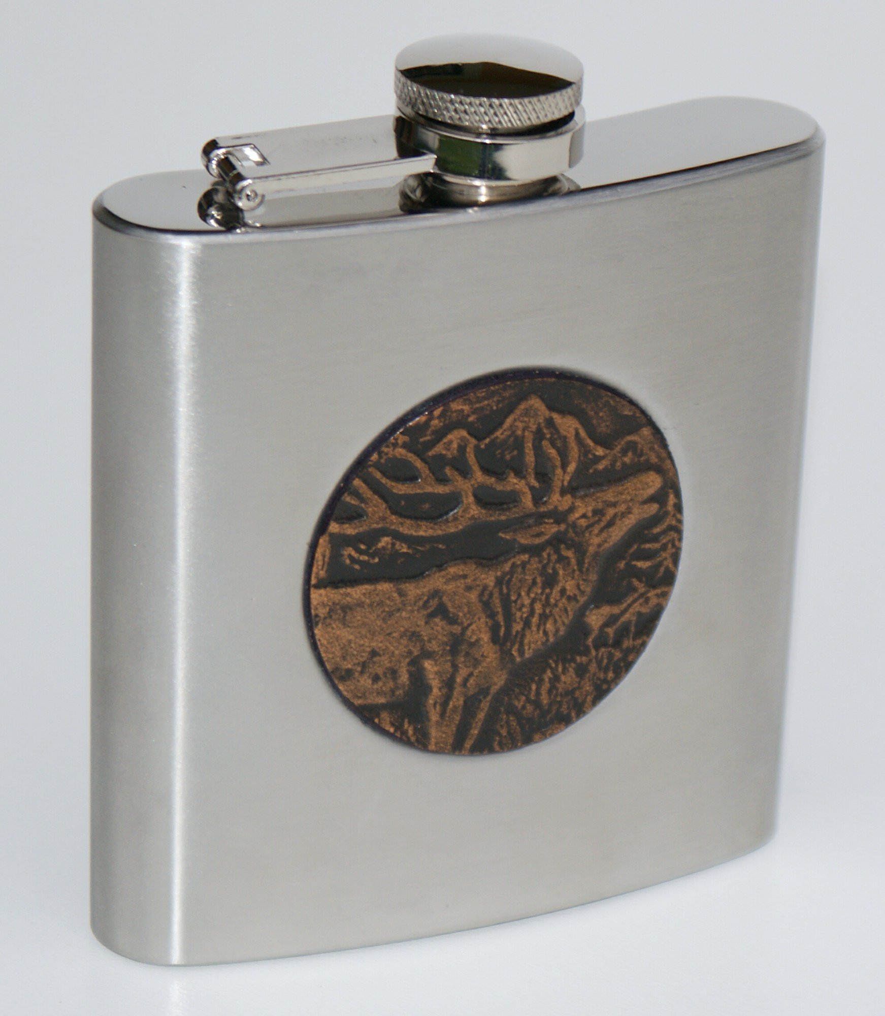 Flachmann Leder m.Hirsch Jäger Jagd Taschenflasche Trachtenflachmann Trinkflasche Edelstahl mit braunem Leder-Hirschmotiv geprägt Handarbeit pocket flask bottle