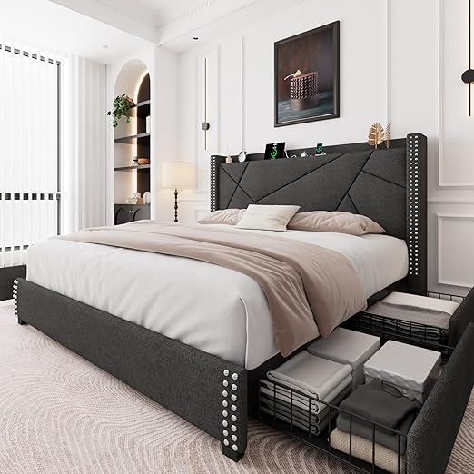 Feonase King Size Platform Bed Frame with 4 Storage Drawers, Upholstered Wingback Bed Frame with Charging Station, Solid Wood Slats Support, Dark Gray