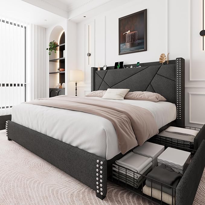 Feonase King Size Platform Bed Frame with 4 Storage Drawers, Upholstered Wingback Bed Frame with Charging Station, Solid Wood Slats Support, Dark Gray