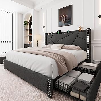 Feonase King Size Platform Bed Frame with 4 Storage Drawers, Upholstered Wingback Bed Frame with Charging Station, Solid Wood Slats Support, Dark Gray