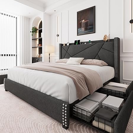 Feonase King Size Platform Bed Frame with 4 Storage Drawers, Upholstered Wingback Bed Frame with Charging Station, Solid Wood Slats Support, Dark Gray