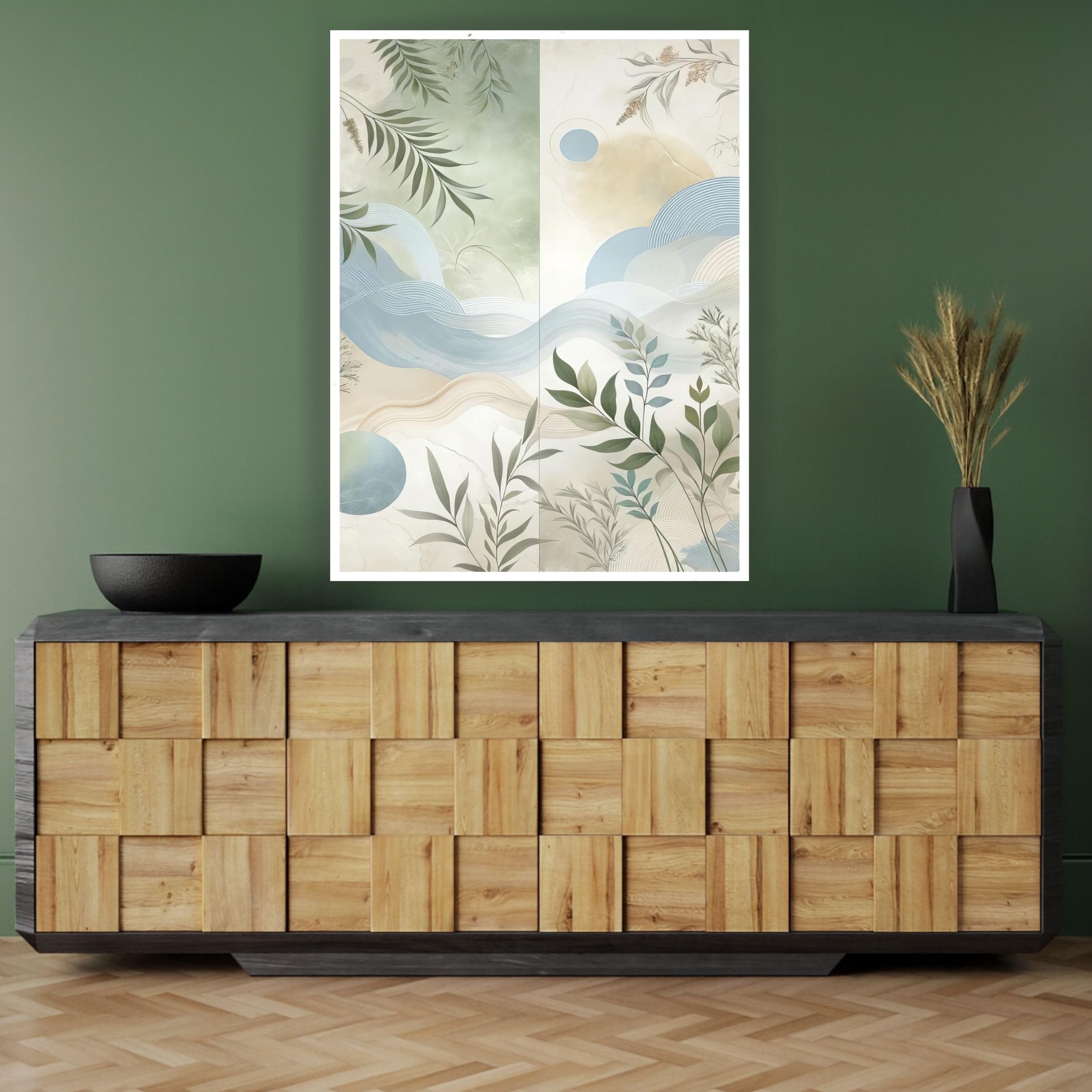 “Ethereal Garden Symphony” PREMIUM BIG HD Wall Frame | A3 Size (13x18 Inch / 33x45 cm) Soft Botanical Abstract Wall Art | Green & Blue Nature Harmony Design | Waterproof, UV-Protected & Ready to Hang | HD 3D Digital Print | Premium Modern Wall Frame for Home & Office (WHITE-348)