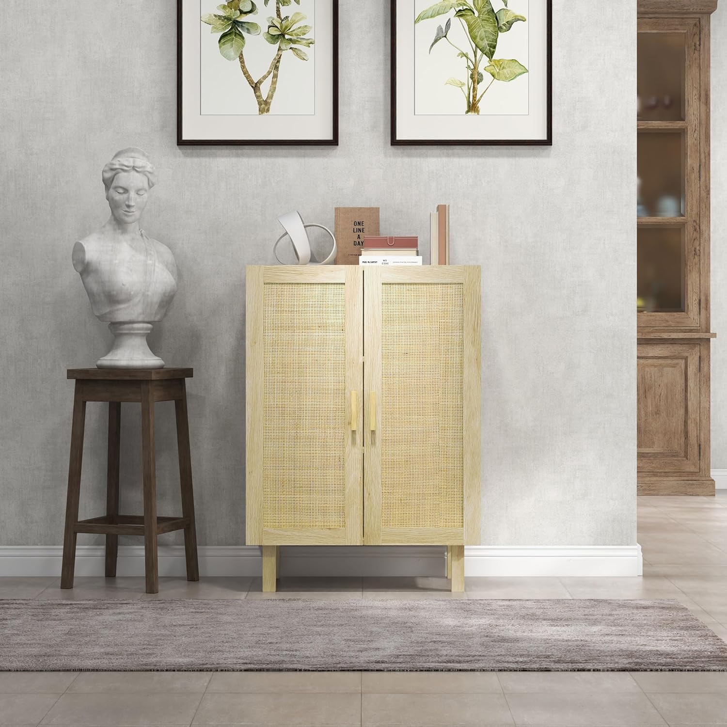 Natural Rattan Door Freestanding Home Bar Cabinet with Adjustable Shelves