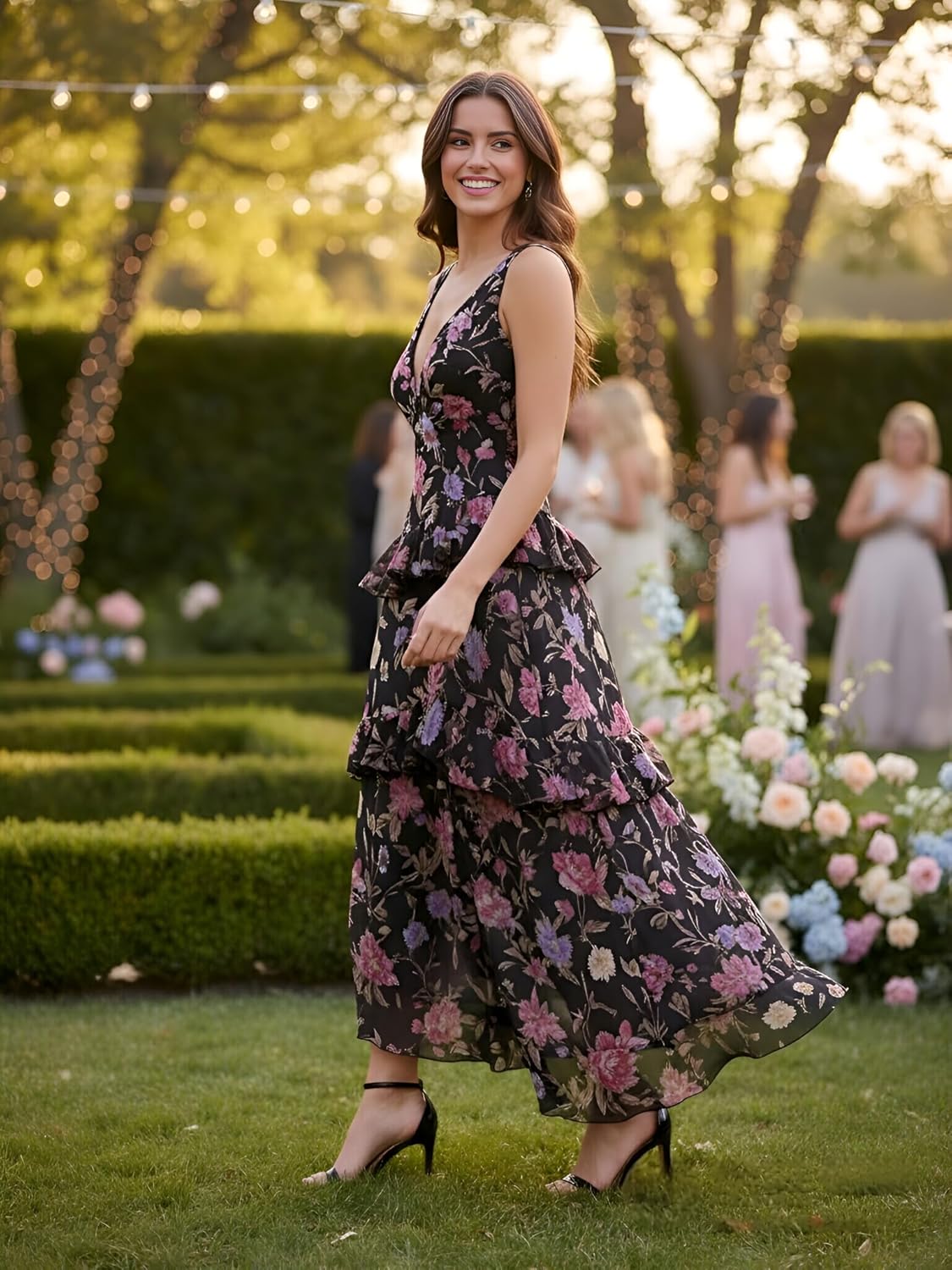 Women's Boho Floral Mesh Maxi Dress V-Neck Sleeveless Tiered Flowy Elastic Long Sundress for Summer Beach Wedding Guest - Image 2