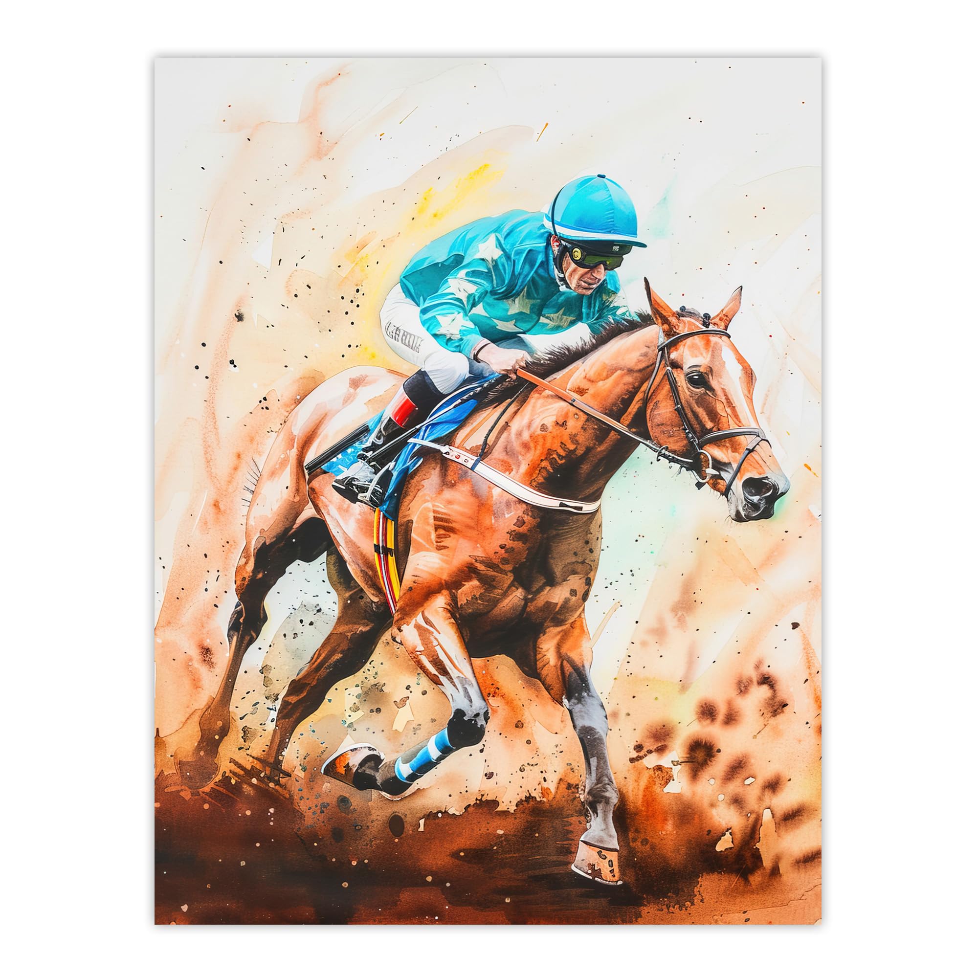 Artery8 Rider on Horse Racing Watercolour Dramatic Mud Living Room Extra Large XL Wall Art Poster Print