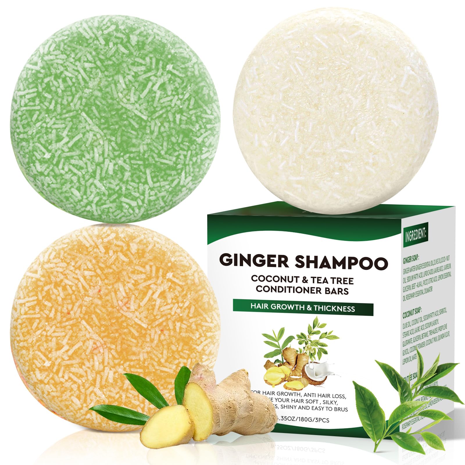 Ginger & Tea Tree Bar Shampoo and Conditioner, for Anti Hair Loss, Promote Hair Growth, Clarifying Grease, Coconut Oil Conditioner Solid Bar for Deep Moisturizing & PH Balanced