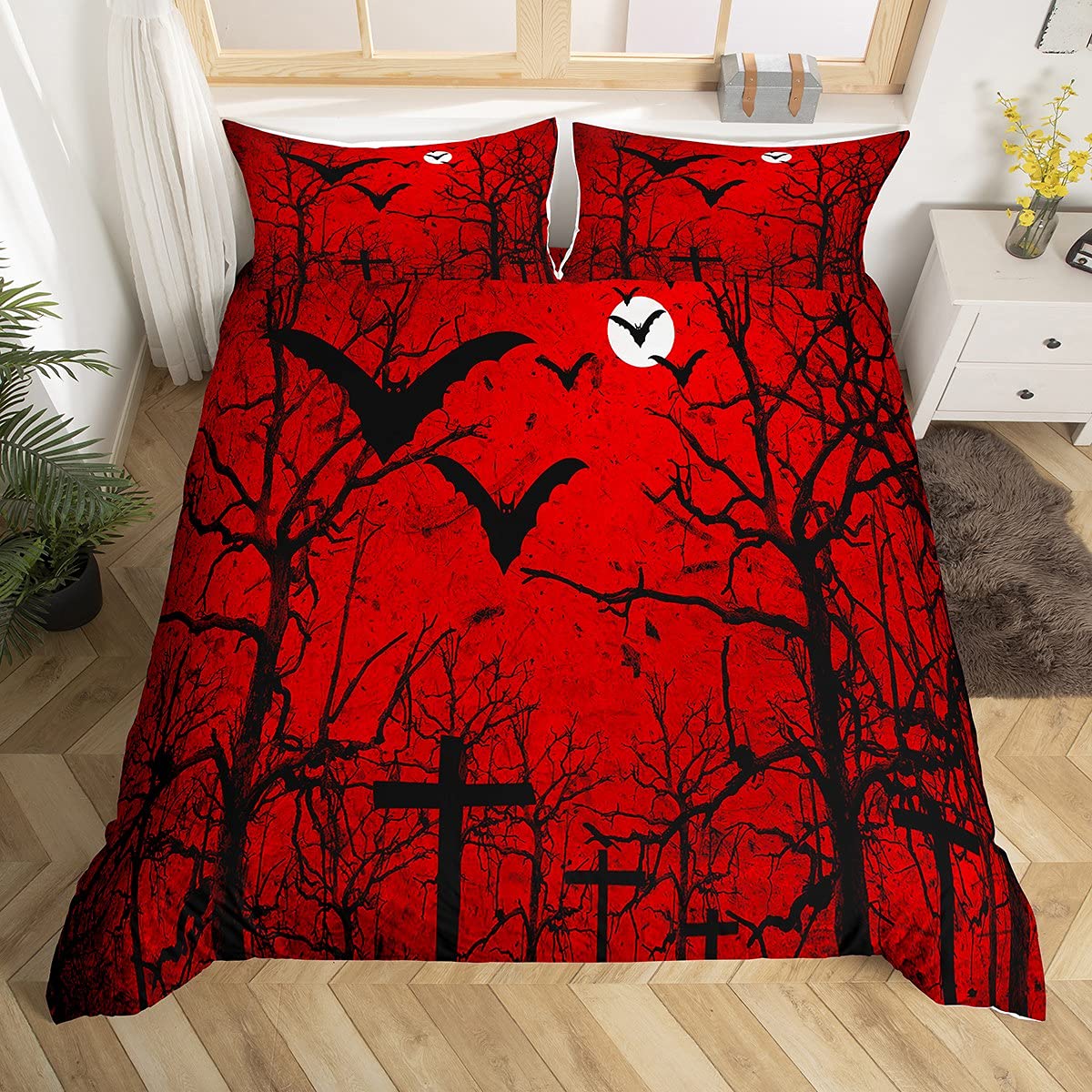 Homemissing Happy Halloween & Linen Teens Woodland Flying Bats Kids Bedding Set Teen Boys Spooky Night Jungle Duvet Cover Novelty Red Black Comforter Cover Room 3Pcs King Size,Zipper