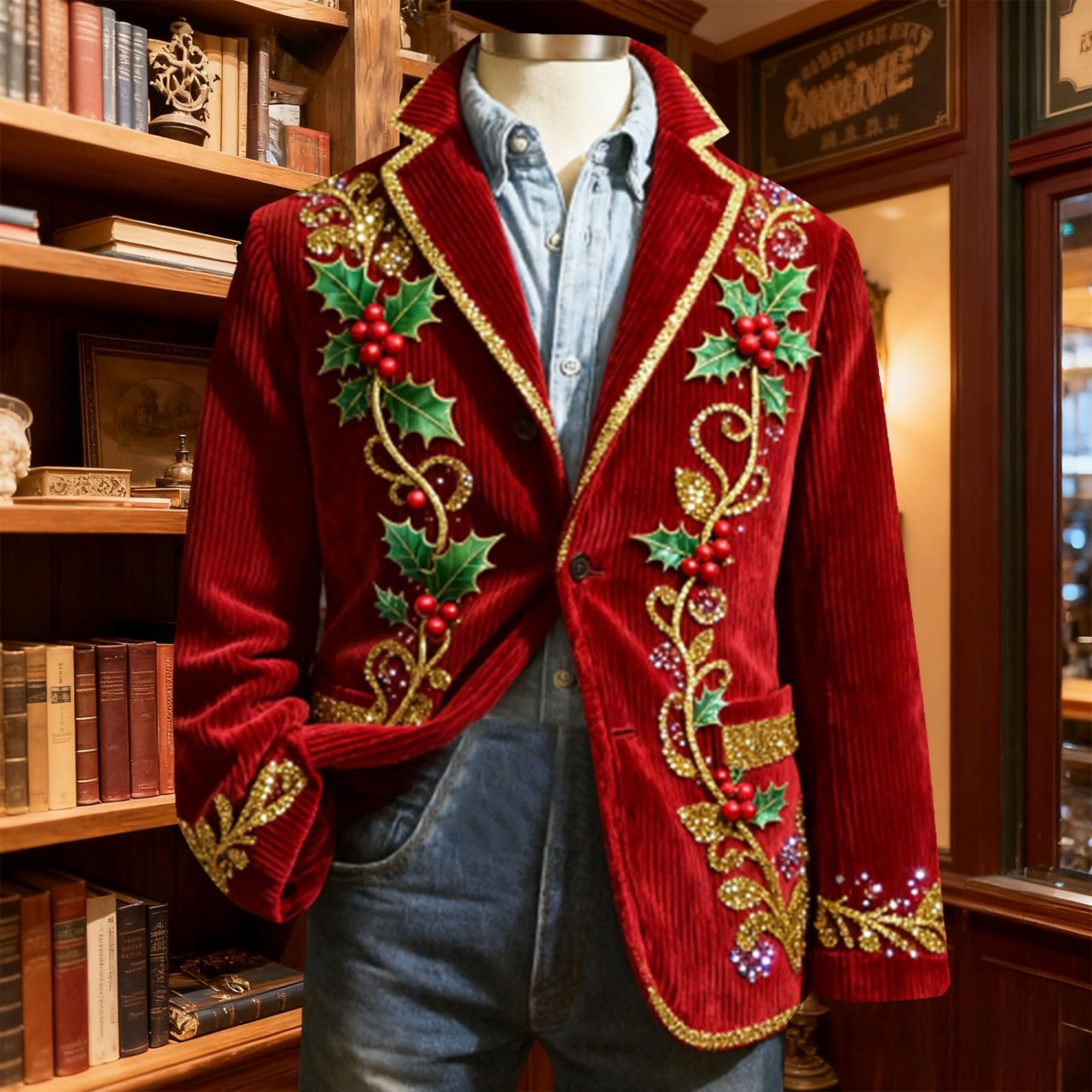 Świąteczna męska kurtka sztruksowa w stylu vintage Święty Mikołaj renifer kurtka z długim rękawem zapinana na guziki klapy świąteczne płaszcze świąteczne odzież robocza na co dzień odzież świąteczna