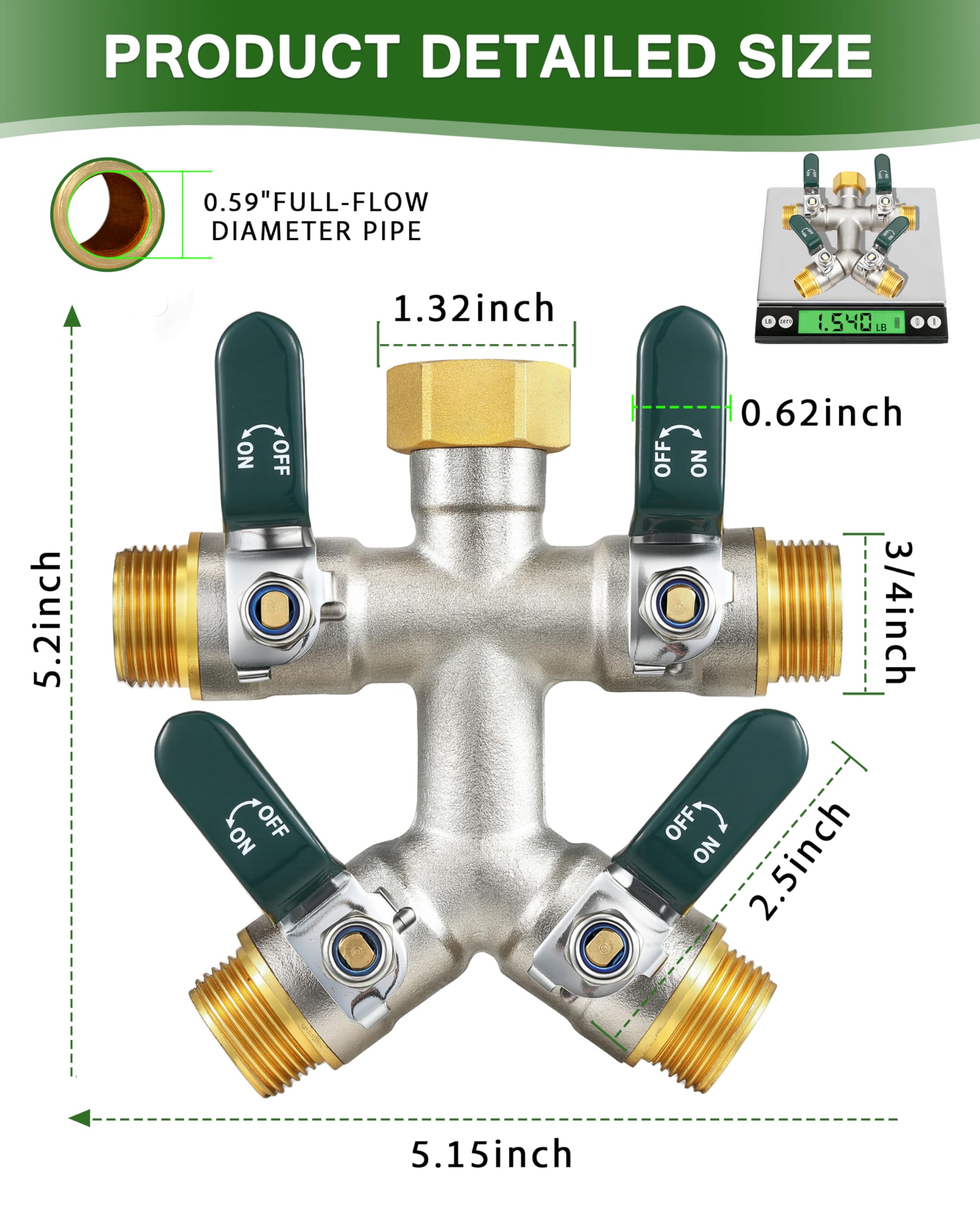 Distribuidor de manguera de jardín de latón de alto rendimiento, 4 vías, resistente a las heladas y al sol, conector exterior de latón, distribuidor con 4 válvulas, niquelado para resistencia a la
