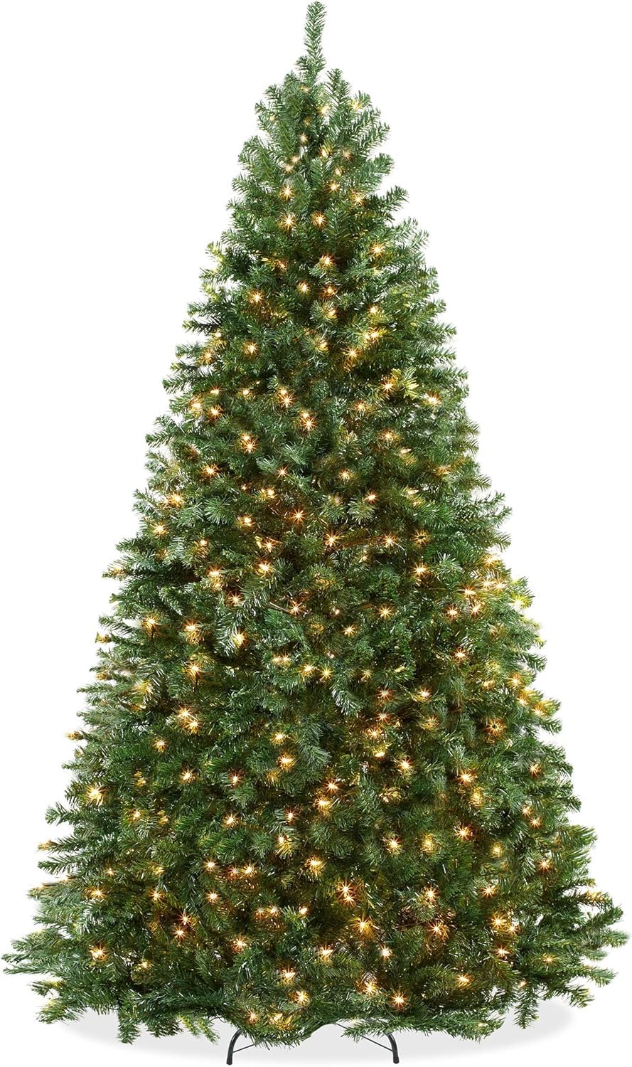 NIBEMINENT Christmas Tree With light, Artificial Tree 180CM Christmas Tree 6ft for Home, Office, Party Decoration w/ 1200 Branch Tips, 300 Warm White & Multi-Color Lights, Metal Hinges & Base, Green