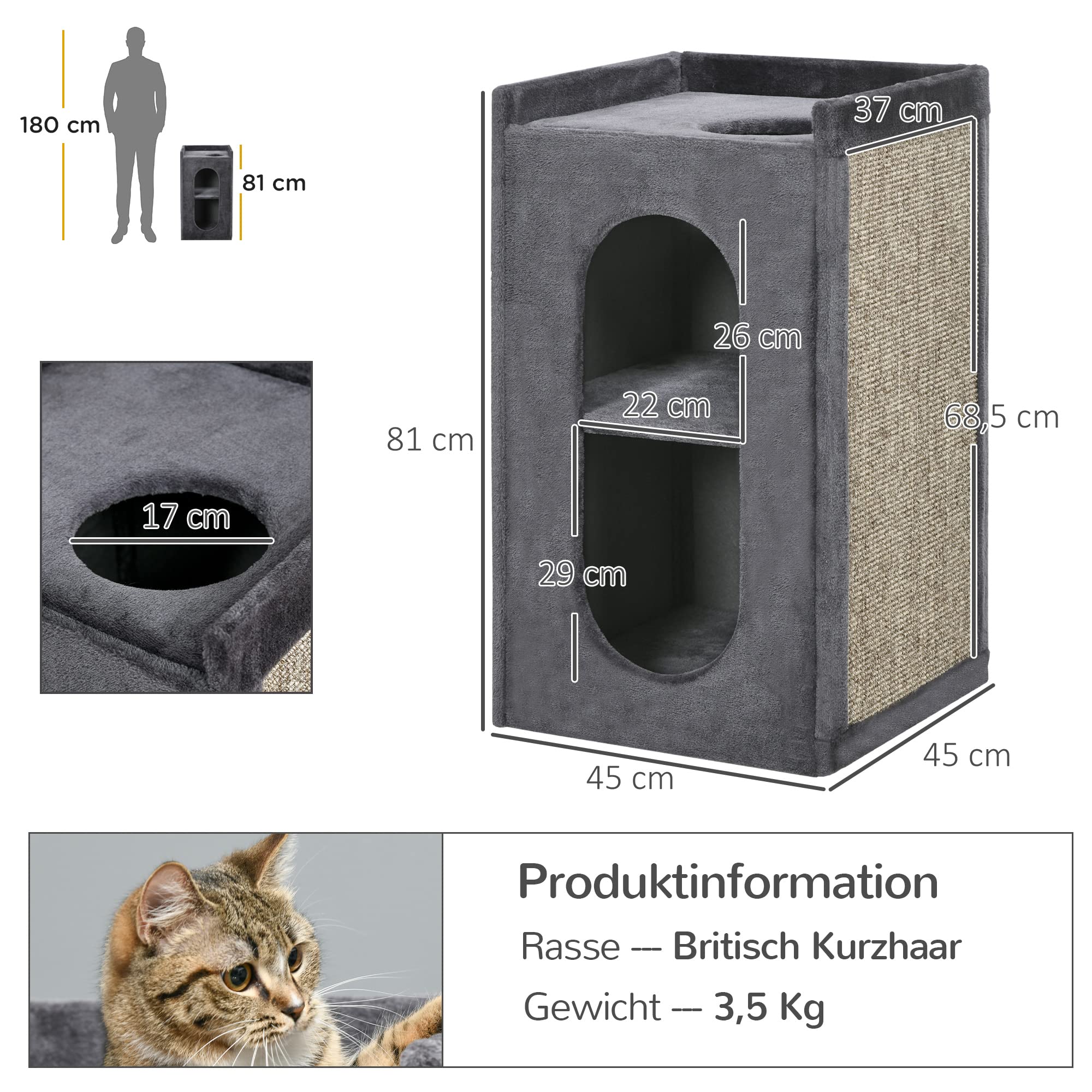 PawHut Kratztonne, 81 cm hoch Katzentonne mit 2 Höhle, Kratzbaum mit Kratzbrett, Katzenturm mit 2 Ebenen, für Katze bis 6 kg, Dunkelgrau