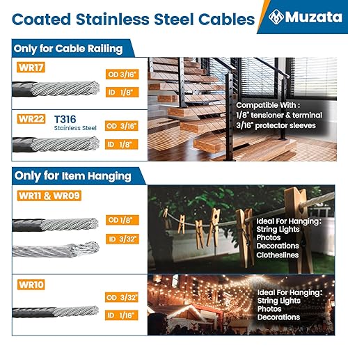 Miniatura 4 de Muzata Cuerda de alambre de 300 pies con revestimiento de vinilo negro de 332 pulgadas sobremoldeado a 18 pulgadas, cable de acero inoxidable para