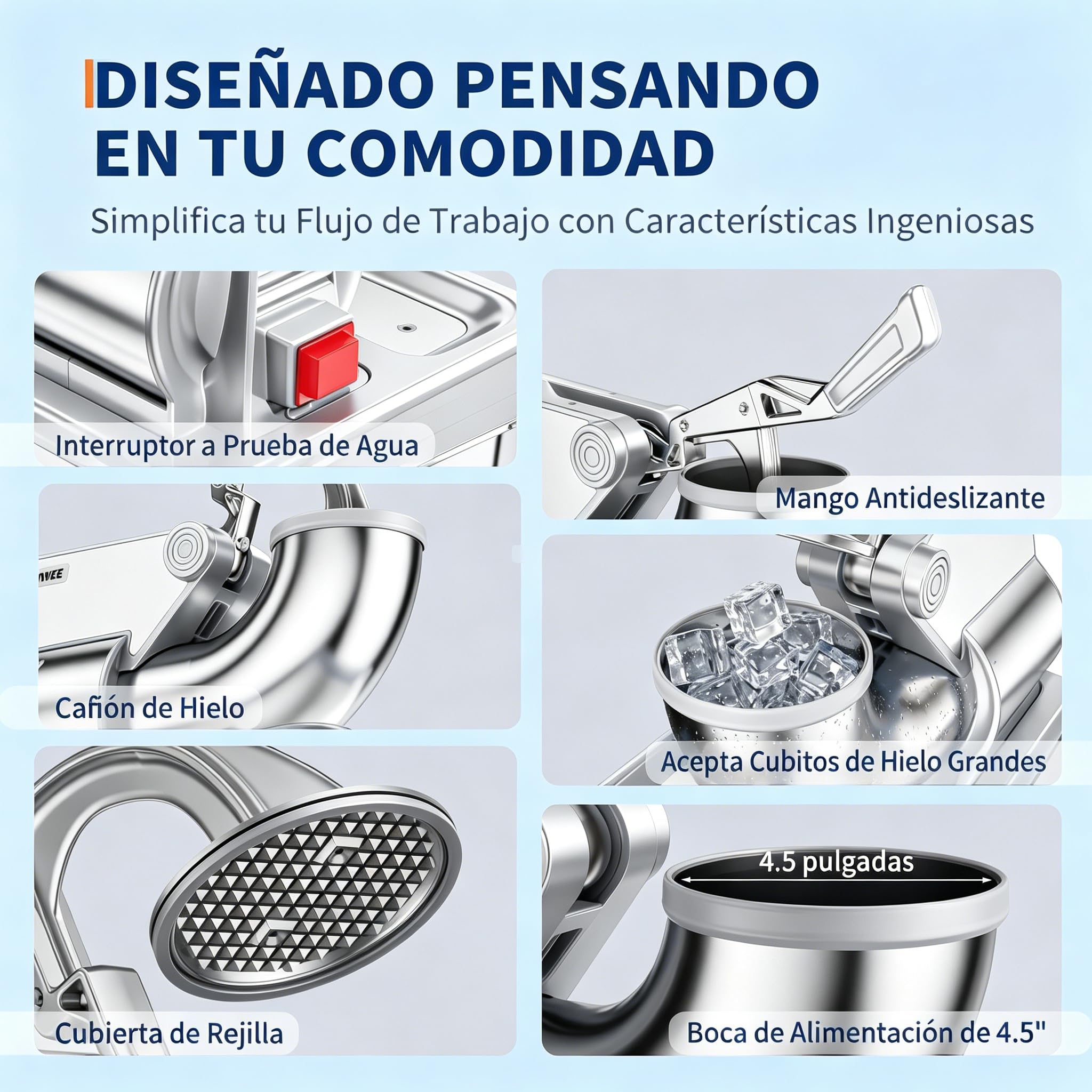 GarveeLife Picadores de Hielo Comercial 300W, Doble Cuchilla 300kg/h, Blanco | Picadores de hielo comercial 300W 300kg/h, doble cuchilla inox tolva 4,5", depósito 50L ETL para bar y eventos, Blanco.
