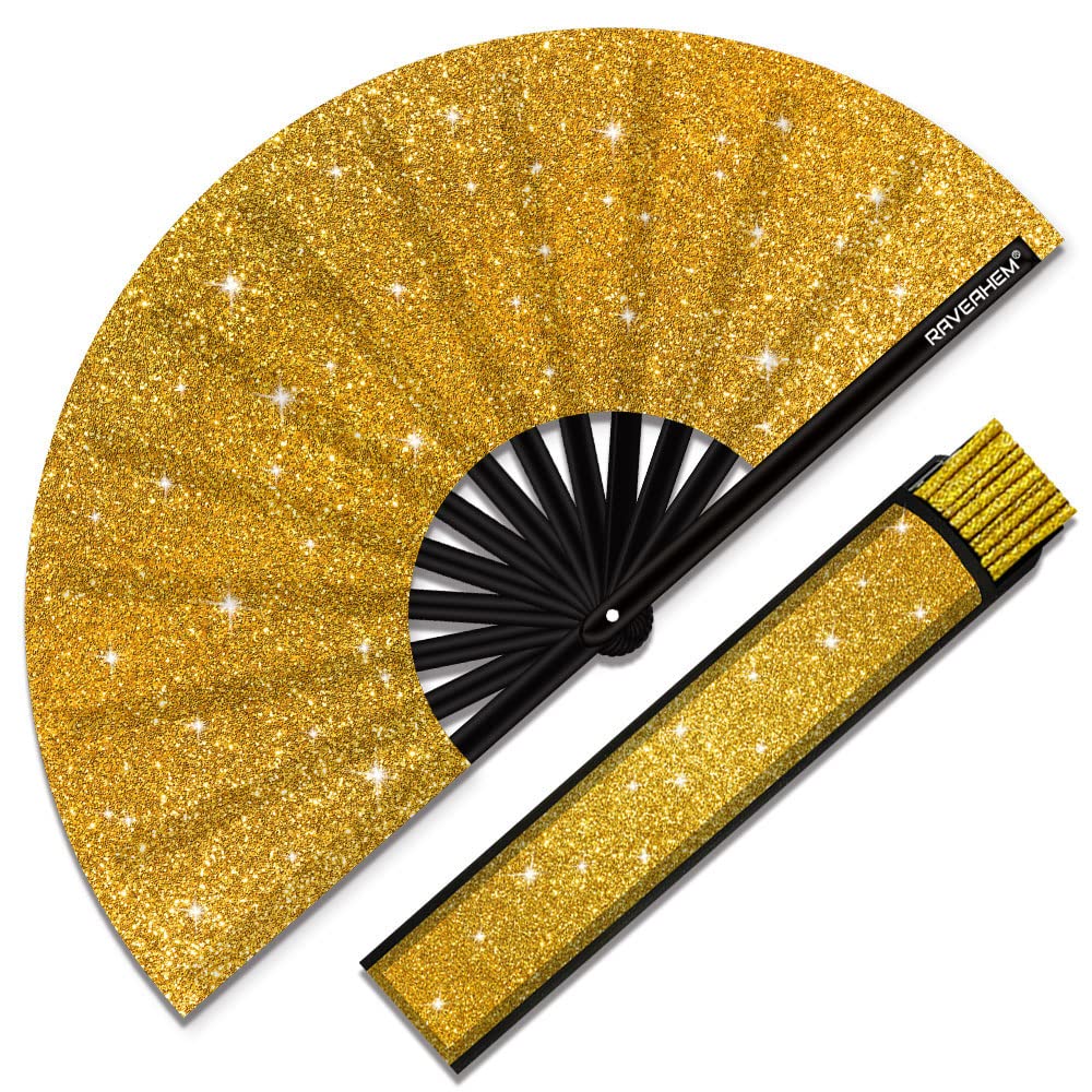 Glitter Large Rave Folding Clack Hand Fan with Holster, Boots on the Ground Popping Handheld Fan Foldable for Men Women for EDM Festival Club Party Dance, (Golden, Large 13")