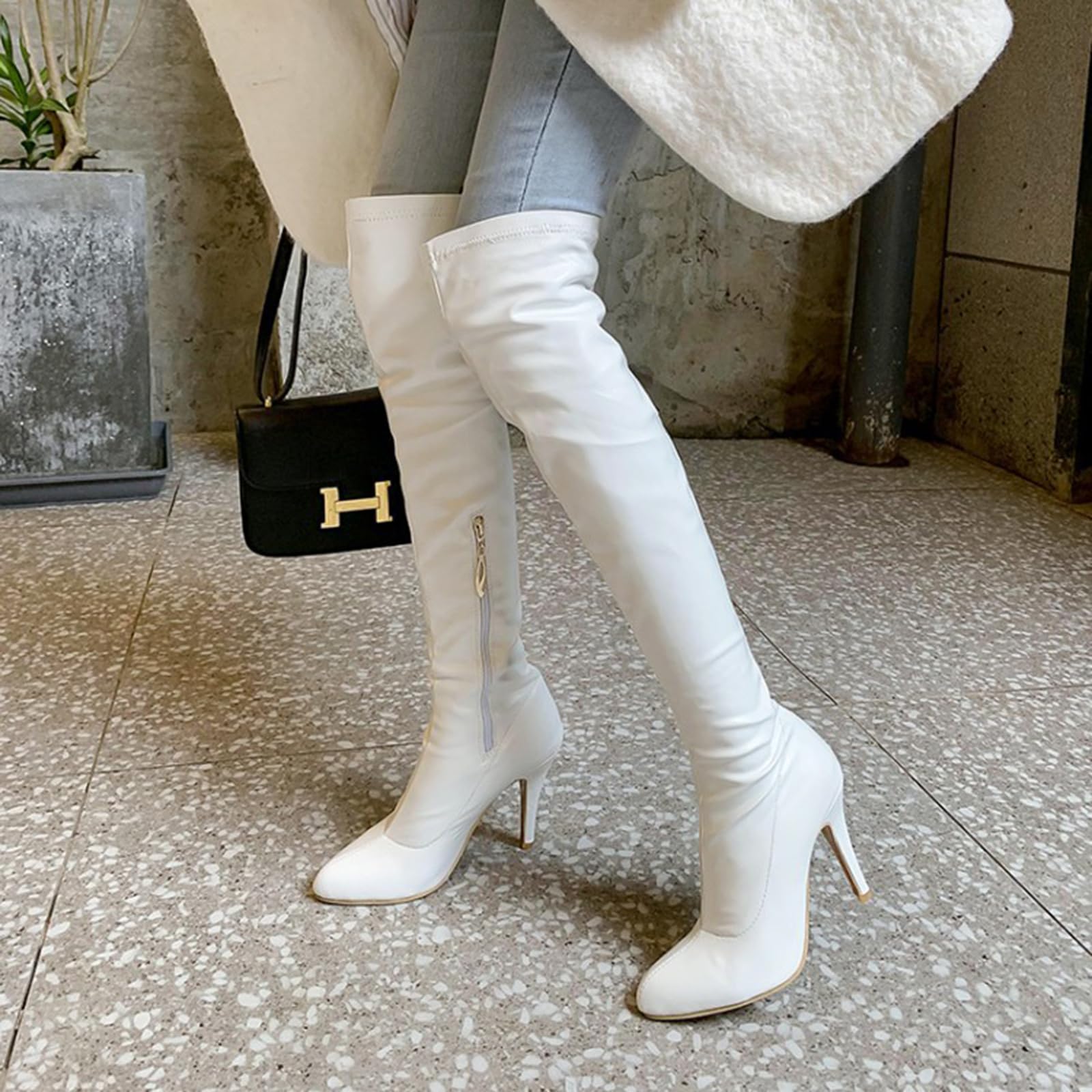 10.5CM/4.13IN Autunno e Inverno Stivali Donna Tacco a Spillo Punta Lato Cerniera Stivali di Moda sopra Gli Stivali al Ginocchio