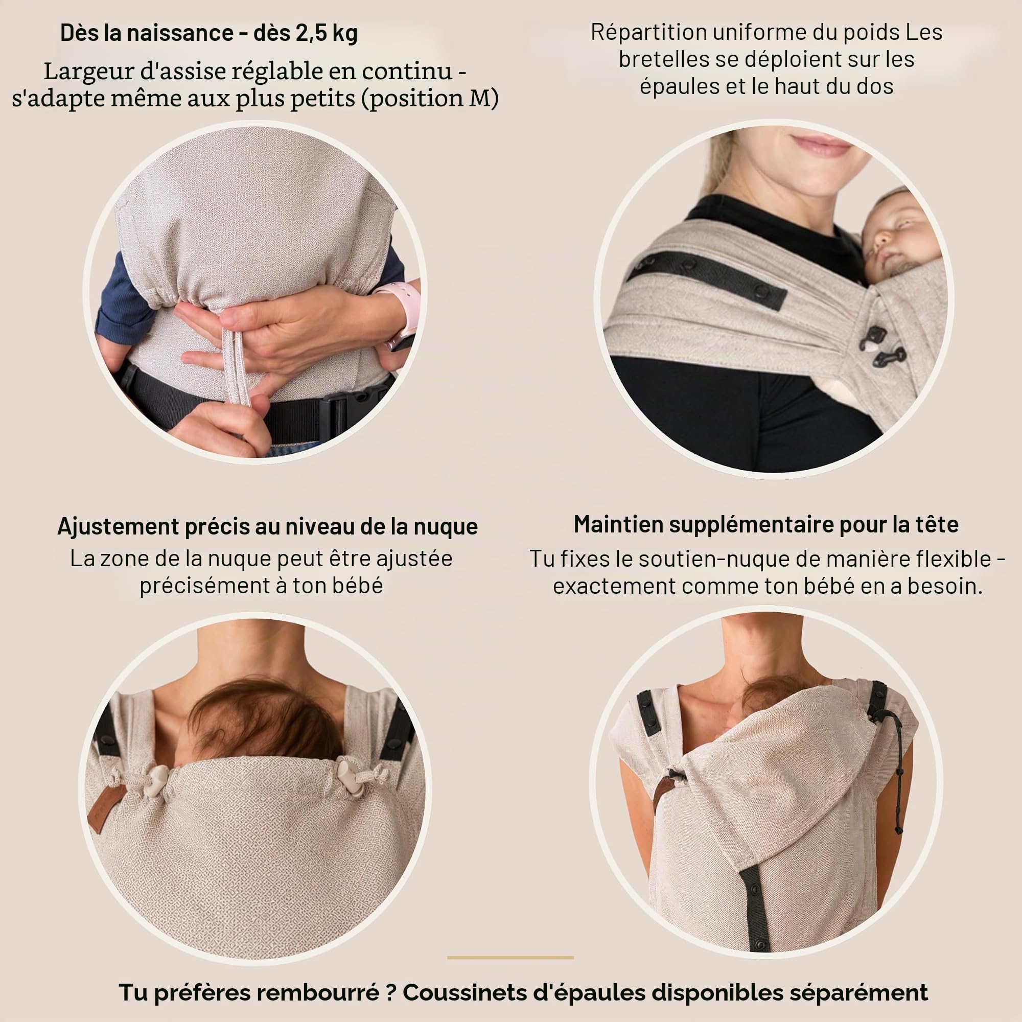 Hoppediz Porte-bébé Primeo Full-Buckle dès la naissance (2.5-15 kg), Porte-bébé ventral et dorsal, Taille Réglable, 100% coton bio, Design Djerba