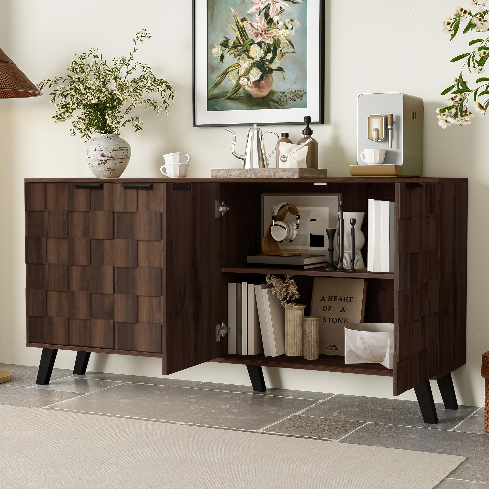 Credenza Soggiorno 160,5 Cm, Mobile Soggiorno In Legno Con 4 Ante, Ripiani Regolabili E Cerniere Soft Close, Design Geometrico, Gambe Nere, Per Sala Da Pranzo E Ingresso