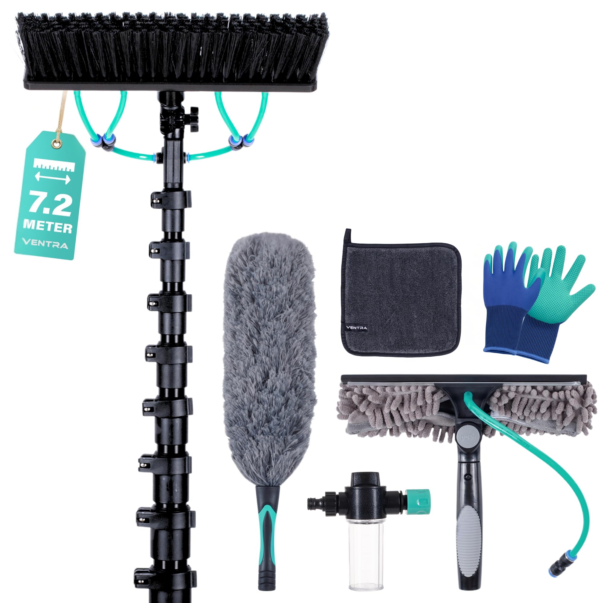 VENTRA Teleskop-Waschbürste 7,2M – Extra Große Bürste (34 cm) - 4 Wasserauslässe – Fensterheber & Staubwedel – Edelstahl Teleskopstiel – Inklusive Handschuhe & Mikrofasertuch