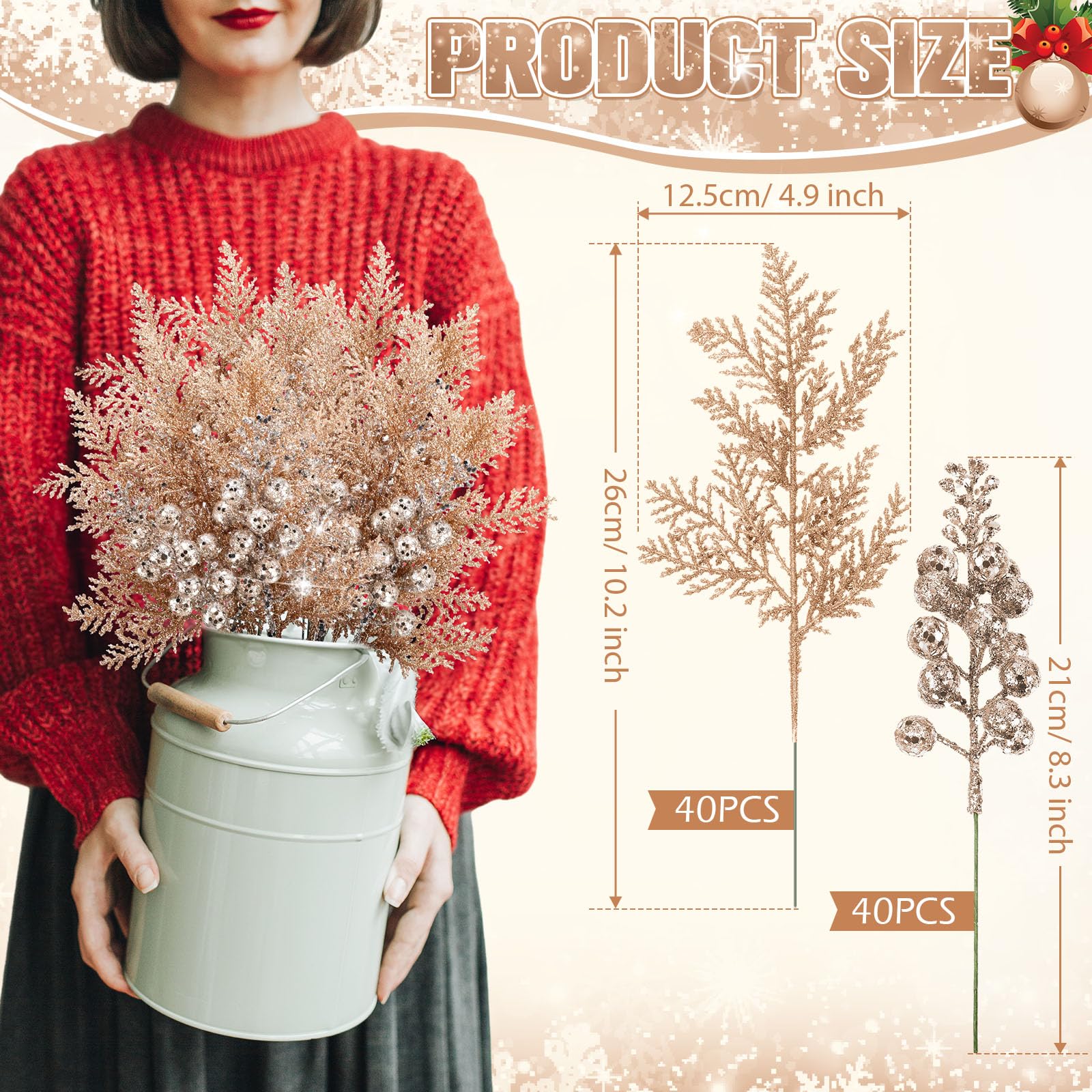 Cindeer 80 Stück Champagner Gold Weihnachten Glitzer Beeren Stiele Tannennadeln Weihnachten Künstliche Picks Fake Floral Zweige Spray für Weihnachtsbaum Ornamente DIY Kranz Girlande Dekorationen