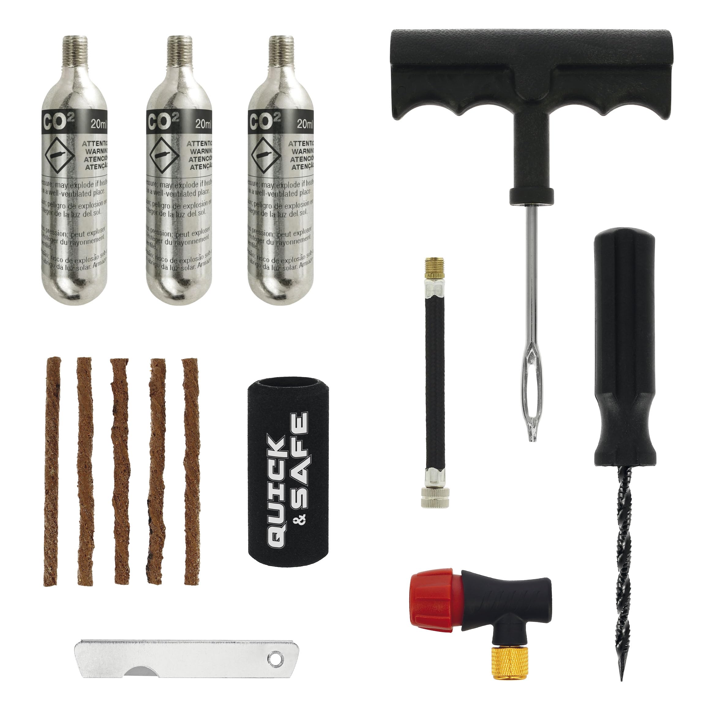 S SUMEX Kit Repara Pinchazos Equipo de Reparación de Neumáticos Moto y Coche Compuesto por 5 Mechas 2 Herramientas 3 Bombonas de Gas CO2 y Regulador de Presión
